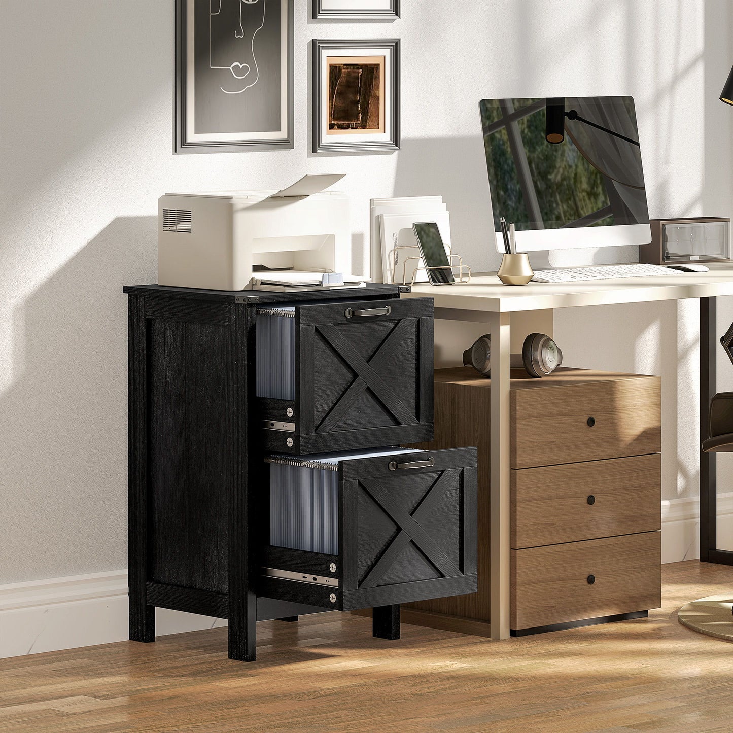 Vertical Filing Cabinet with 2 Drawers, Rustic Farmhouse Office Storage Cabinet for A4, Letter Size, Distressed Black