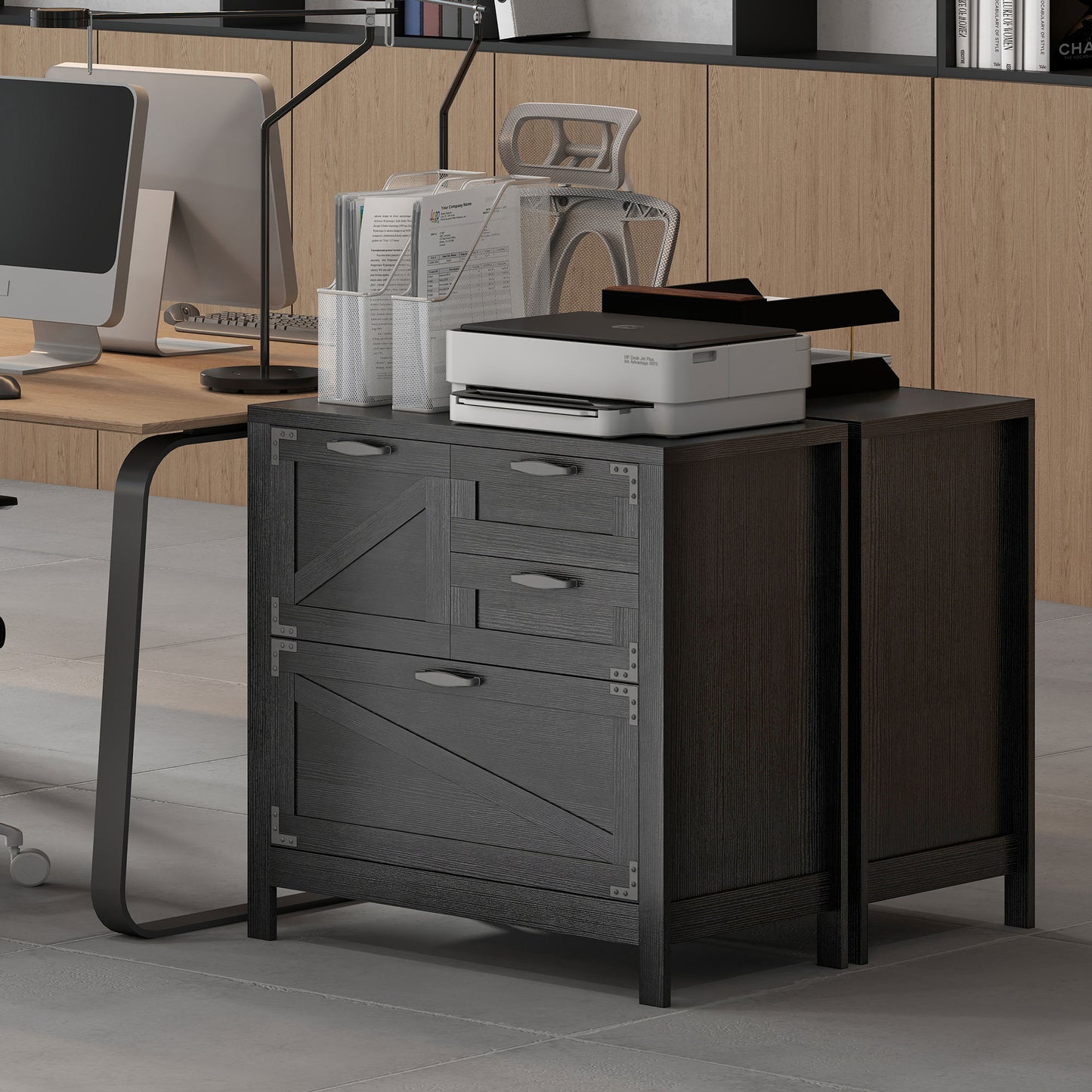 Lateral Filing Cabinet, Farmhouse File Cabinet with 4 Drawers, Fit Letter/A4/Legal Hanging Files, Black Wood Grain