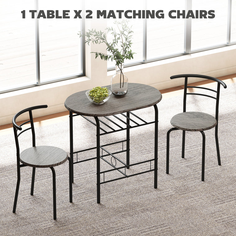 3-Piece Dining Set for 2 with Shelf - Charcoal Grey