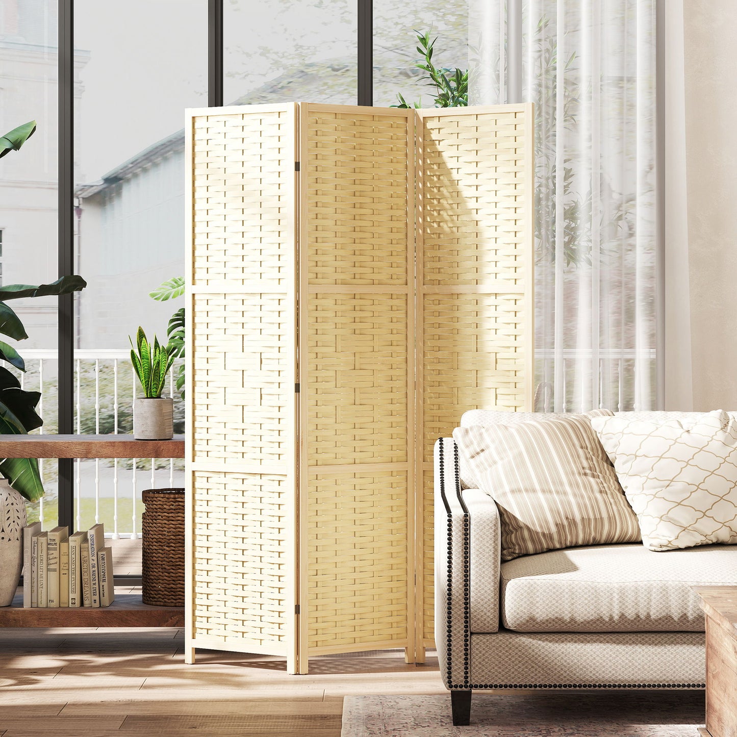 3-Panel Room Divider, 5.6 FT Freestanding Folding Privacy Screen, Partition Wall Divider, Natural Wood