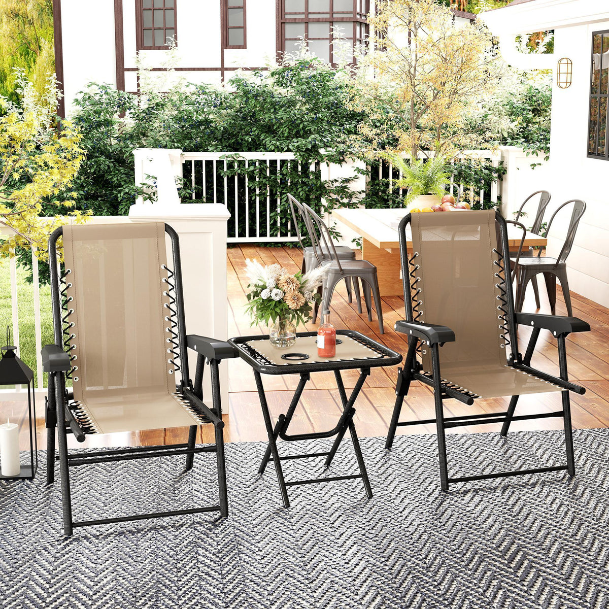 3 Pieces Patio Bistro Set, Outdoor Folding Table and Chairs Set, Metal Patio Furniture Set with Cup Holders, Khaki