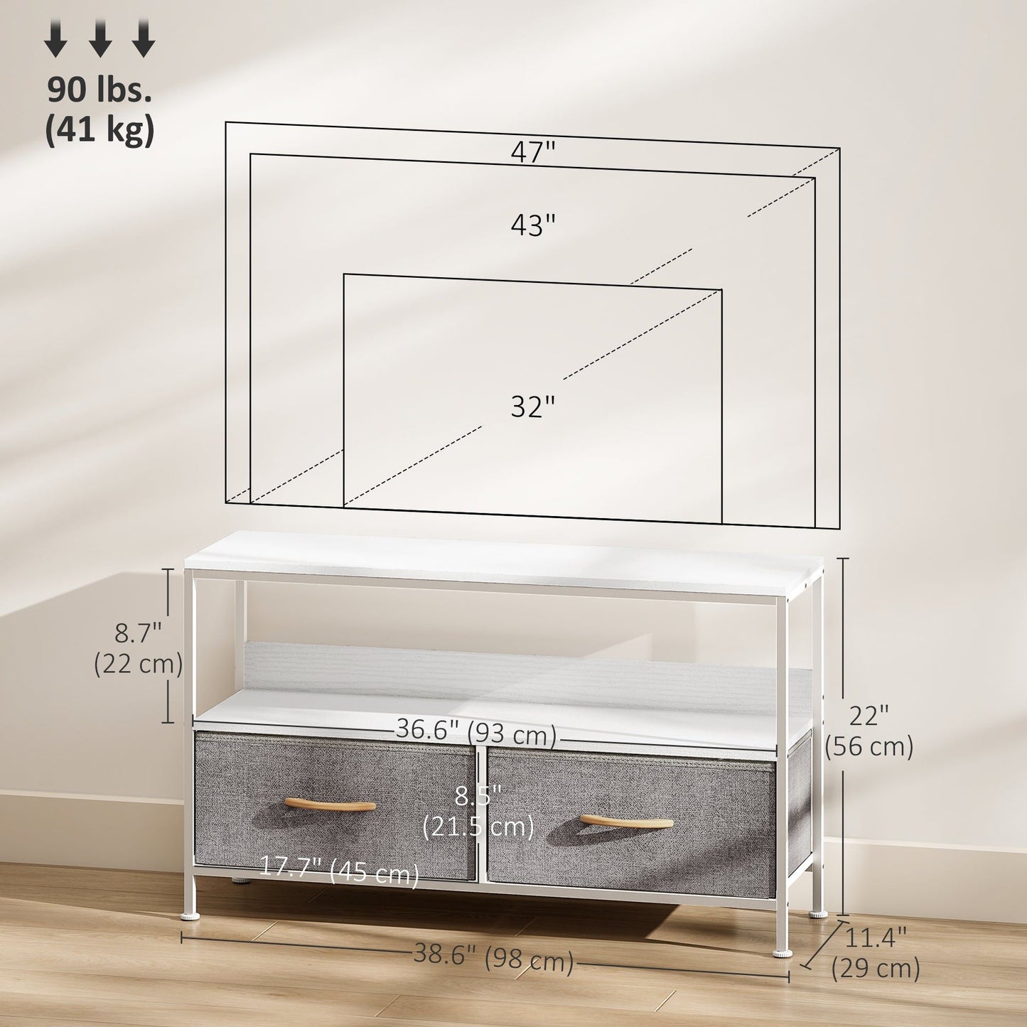 TV Stand with Charging Station and Linen Drawers - White