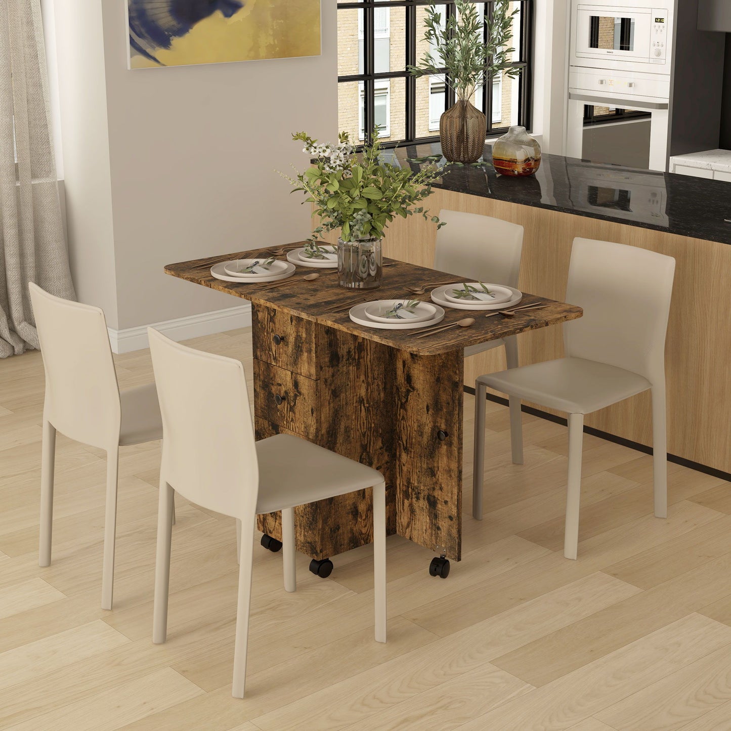 Drop Leaf Dining Table, Mobile Folding Table on Wheels with Drawers and Cabinet for Dining Room, Kitchen, Rustic Brown