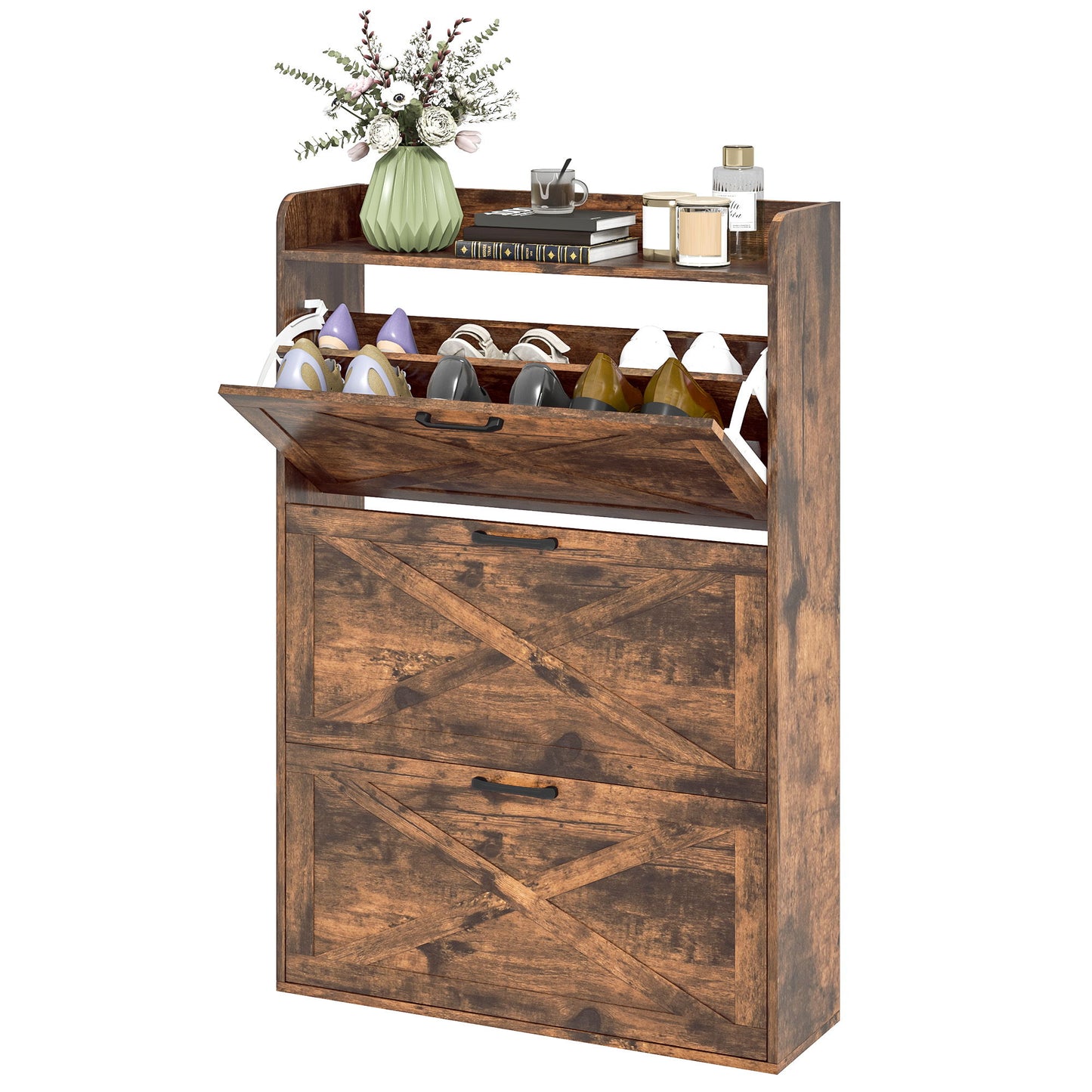 Narrow Shoe Storage Cabinet Farmhouse Shoe Cabinet with 3 Flip Drawers Adjustable Shelves for Entryway Rustic Brown