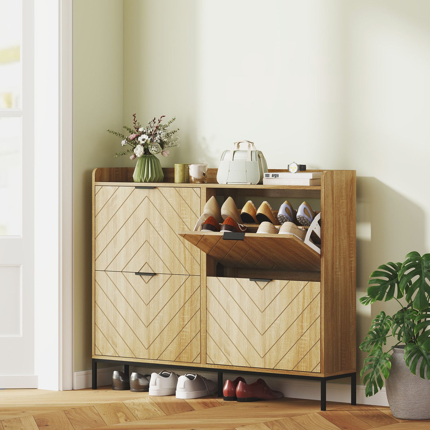 Narrow Shoe Storage Cabinet, Modern Slim Shoe Cabinet with 4 Flip Drawers, 16 Pairs of Shoes for Hallway, Entryway, Oak