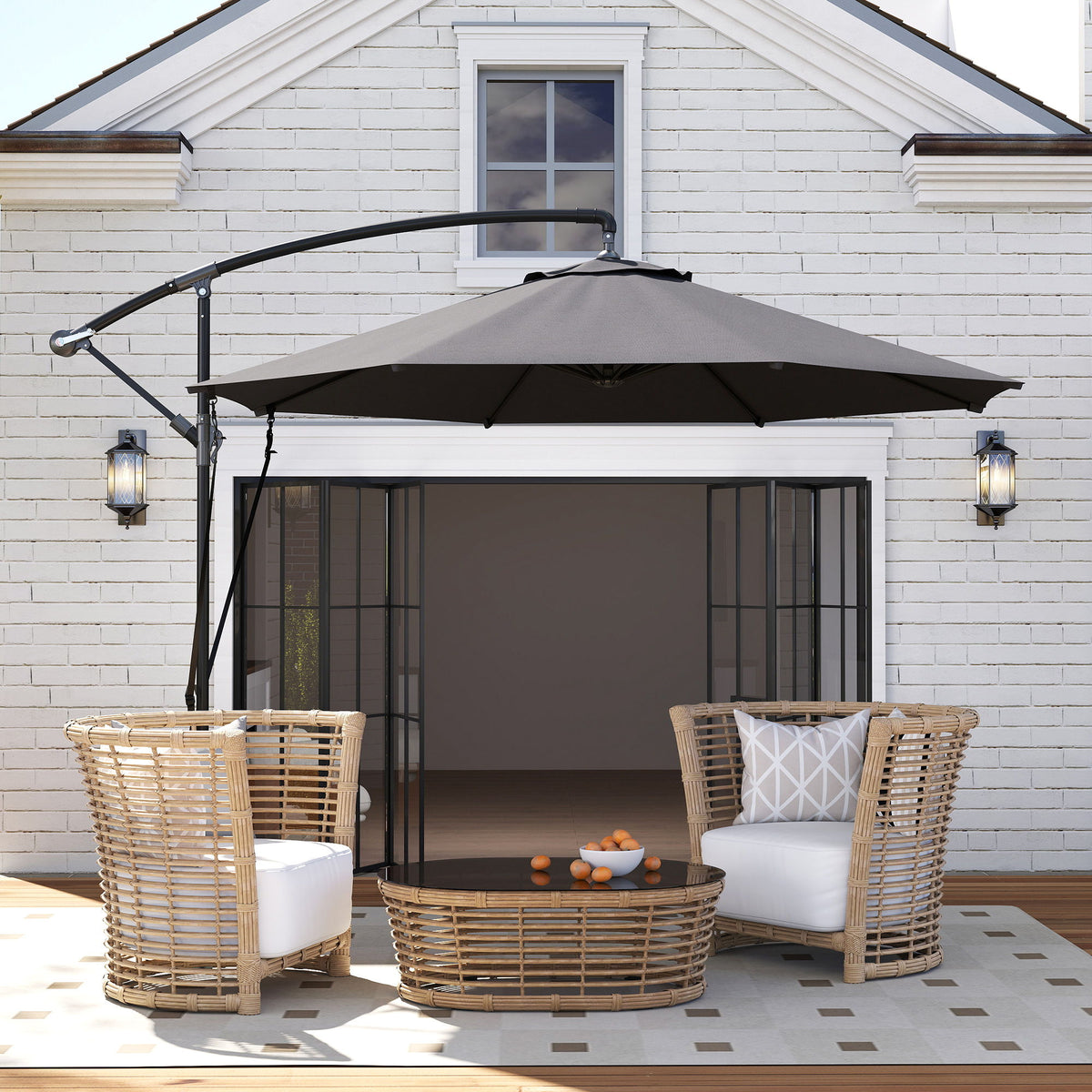 9.5' Cantilever Umbrella with Wind Protection Strap and Cover, Hanging Umbrella with Crank and Cross Base, UPF 50+, Grey