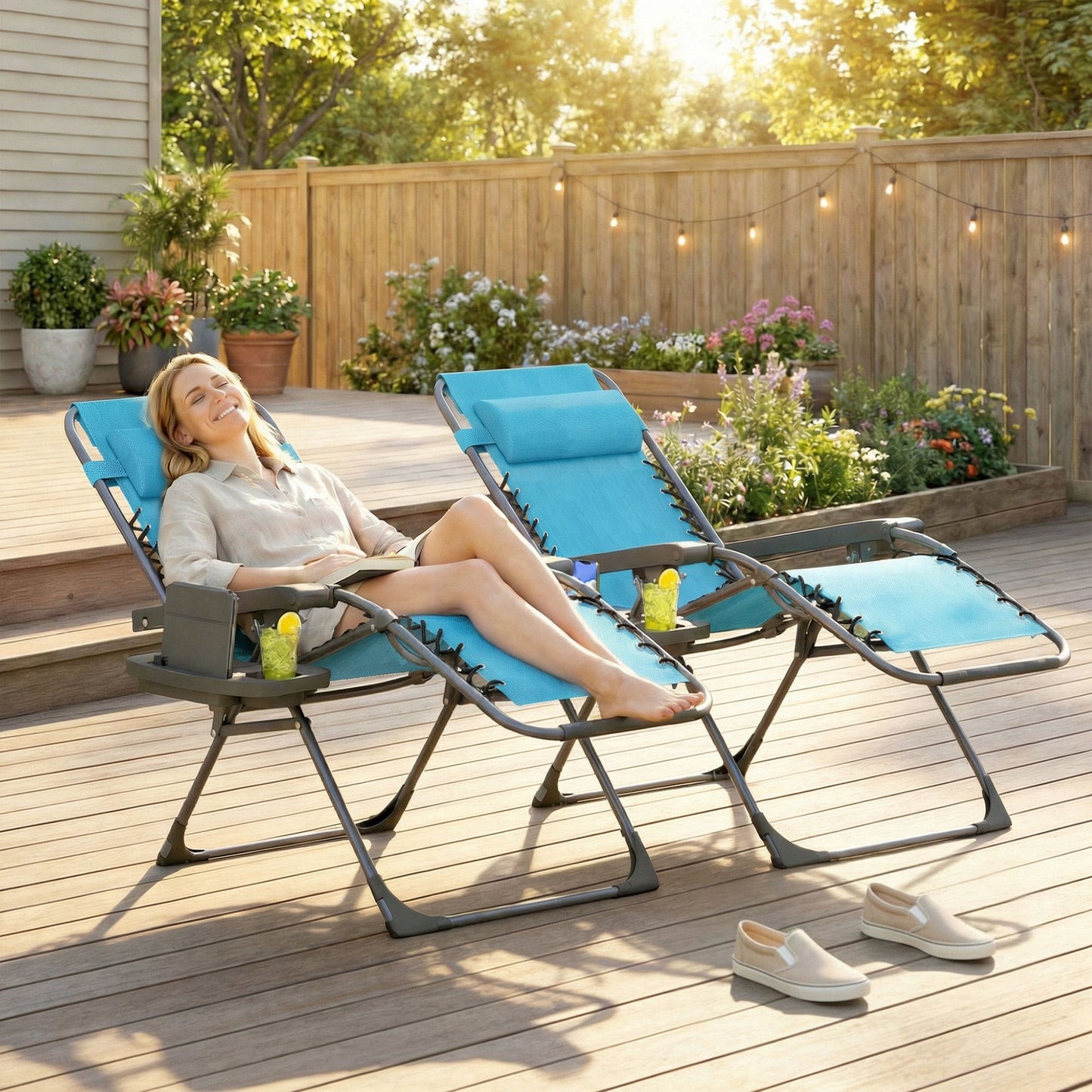 Zero Gravity Chair Set of 2, Folding Reclining Outdoor Lounge Chair with Cup Holder, Headrest, Sky Blue