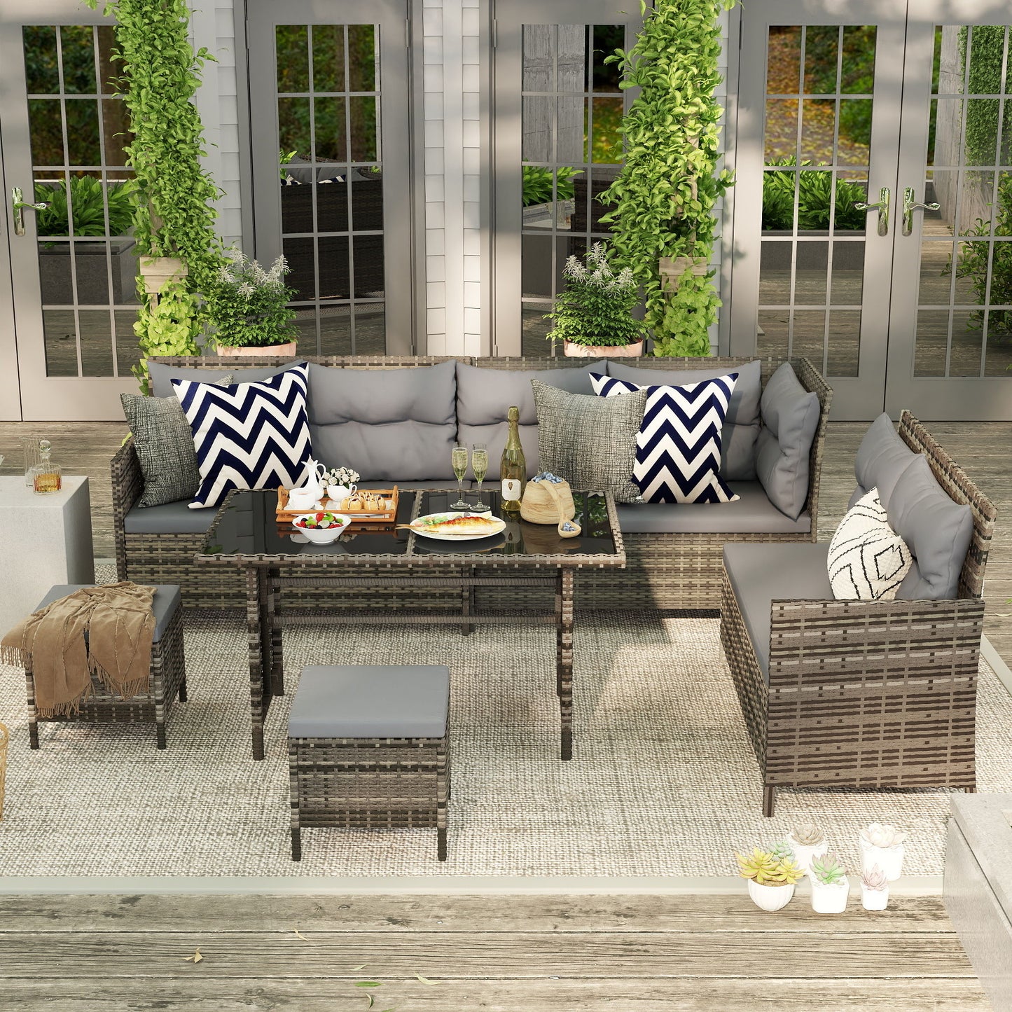 6pcs Outdoor Rattan Sofa Set Garden Wicker Sectional Couch Furniture Set with Dining Table and Chair Grey