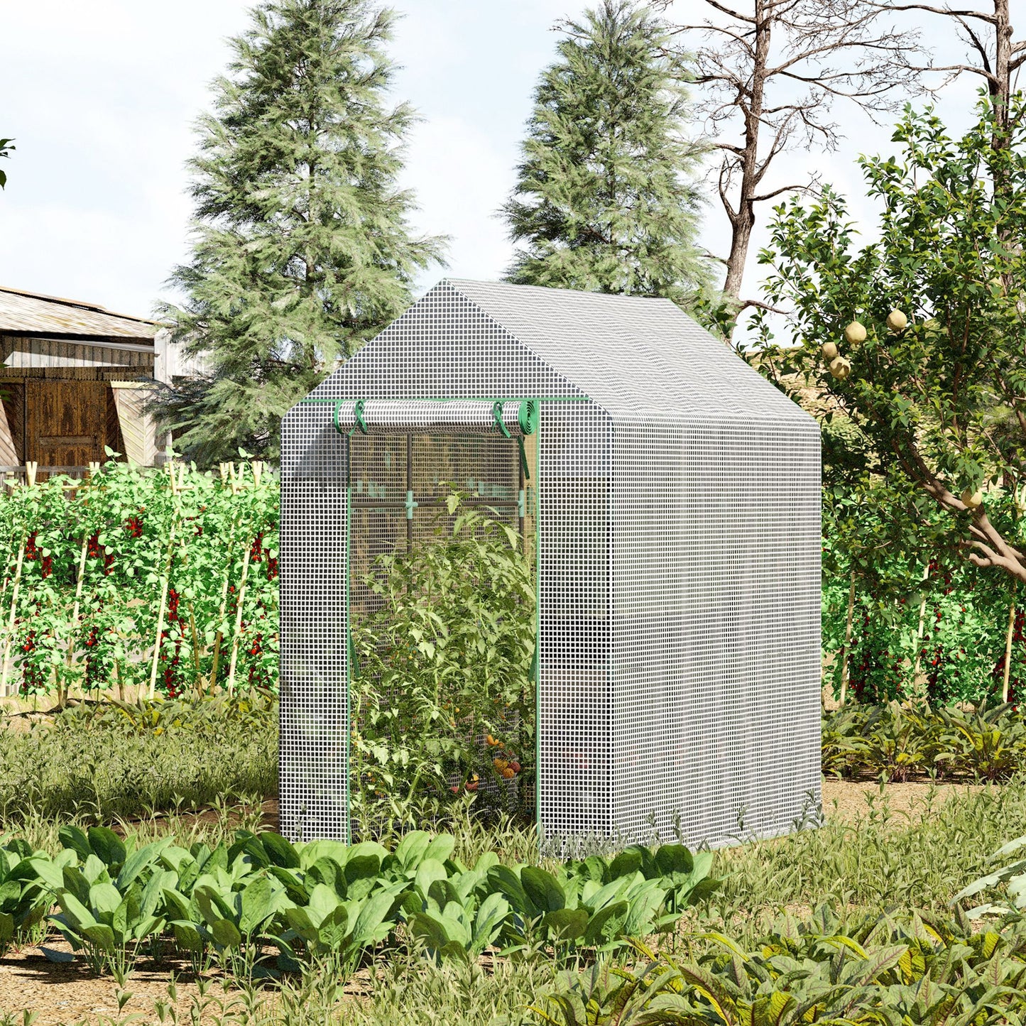 73" x 47" x 75" Walk-in Greenhouse Outdoor Portable Plant Flower Growth Warm House Garden Tunnel Shed with Roll-up Door and 4 Shelves, White