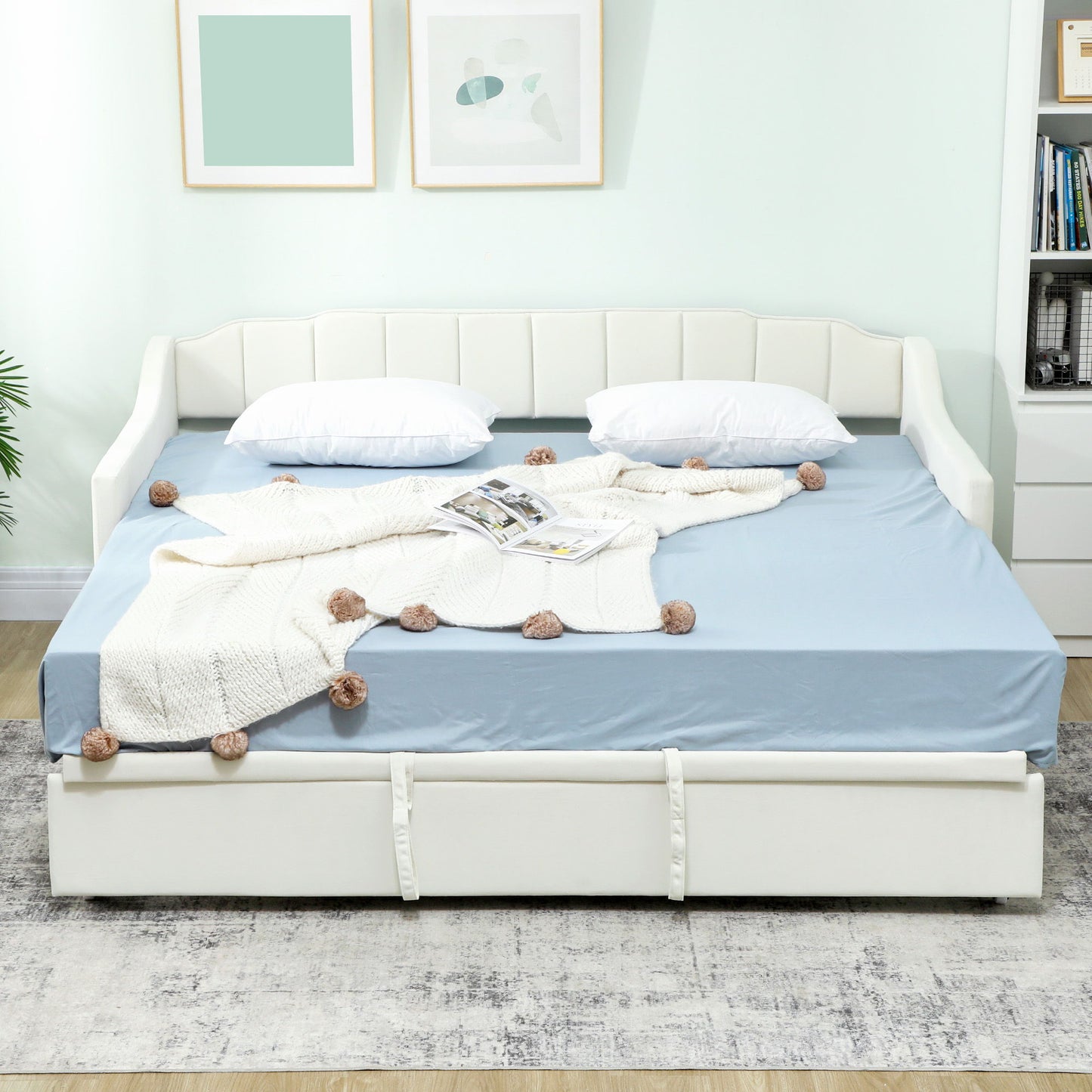 Upholstered Twin Trundle Bed, Extendable Twin to King Day Bed with Headboard and Armrests, Cream White