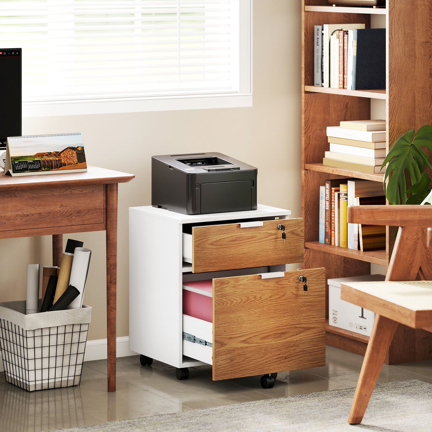 2 Drawer Small Filing Cabinet Lockable Office Storage Cabinet with Hanging Bars for A4 Legal Letter White Nature Wood