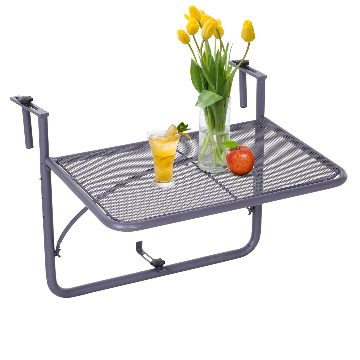Adjustable Balcony Hanging Railing Table, Metal Mounting Mini Wall Desk Storage Rack, Outdoor Flower Stand Serving Table Rectangle, Grey