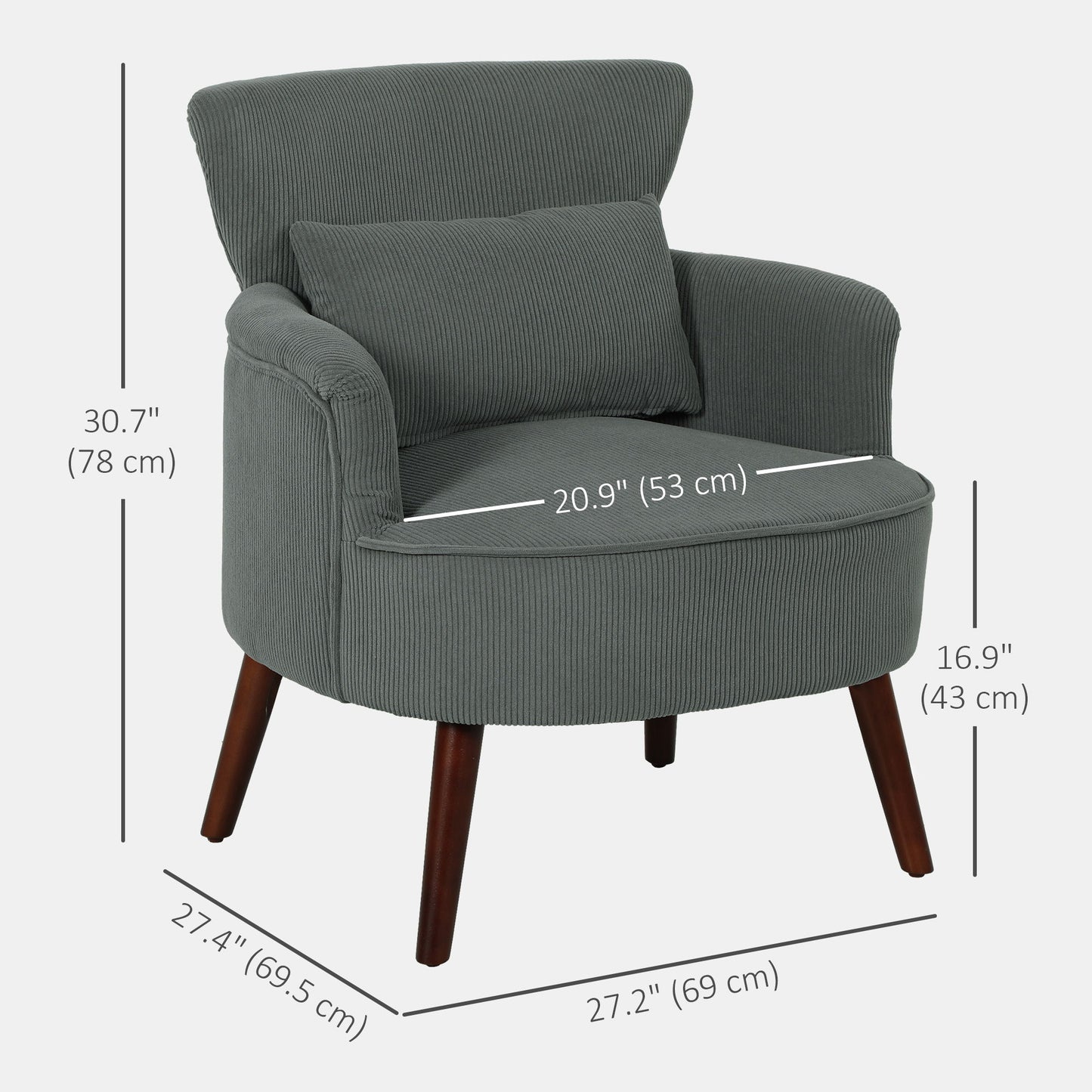 Modern Accent Chair, Upholstered Armchair with Solid Wood Legs and Lumbar Pillow for Living Room, Grey