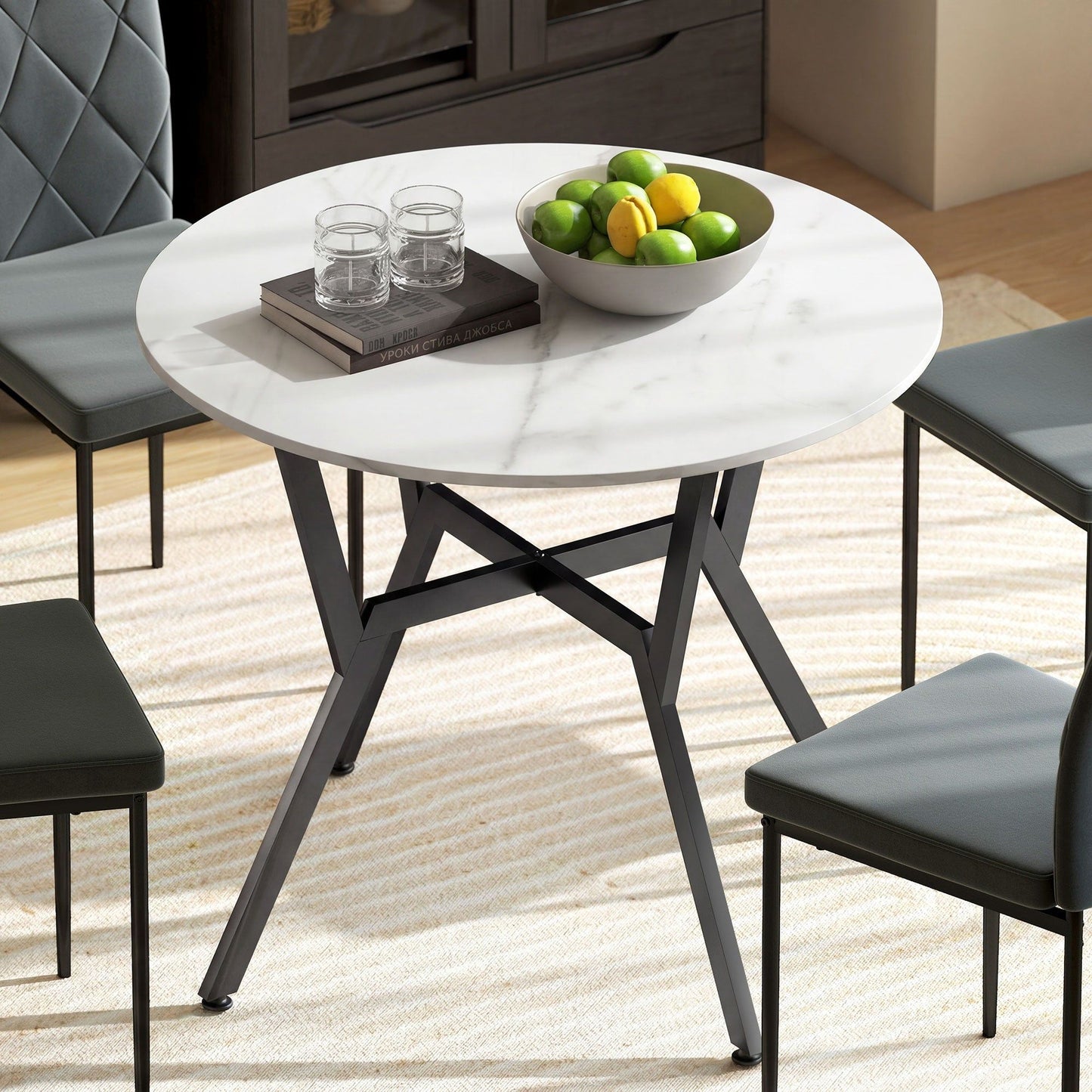 35" Round Dining Table with Steel Frame - White Marble