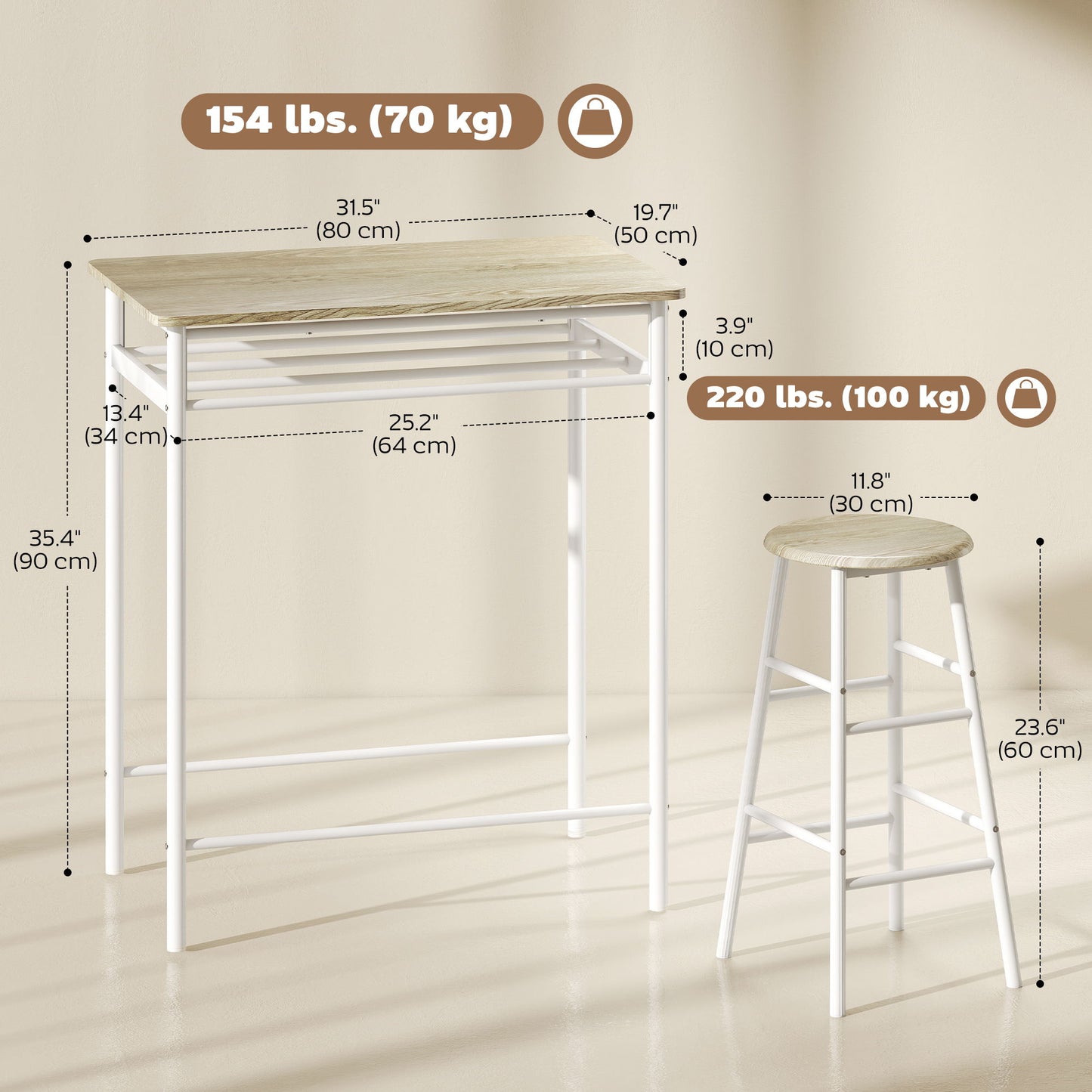 3 Piece Counter Height Bar Table Set with 1 Table, 2 Matching Stools, Dining Table Set with Storage Shelf and Metal Frame Footrest, White and Oak