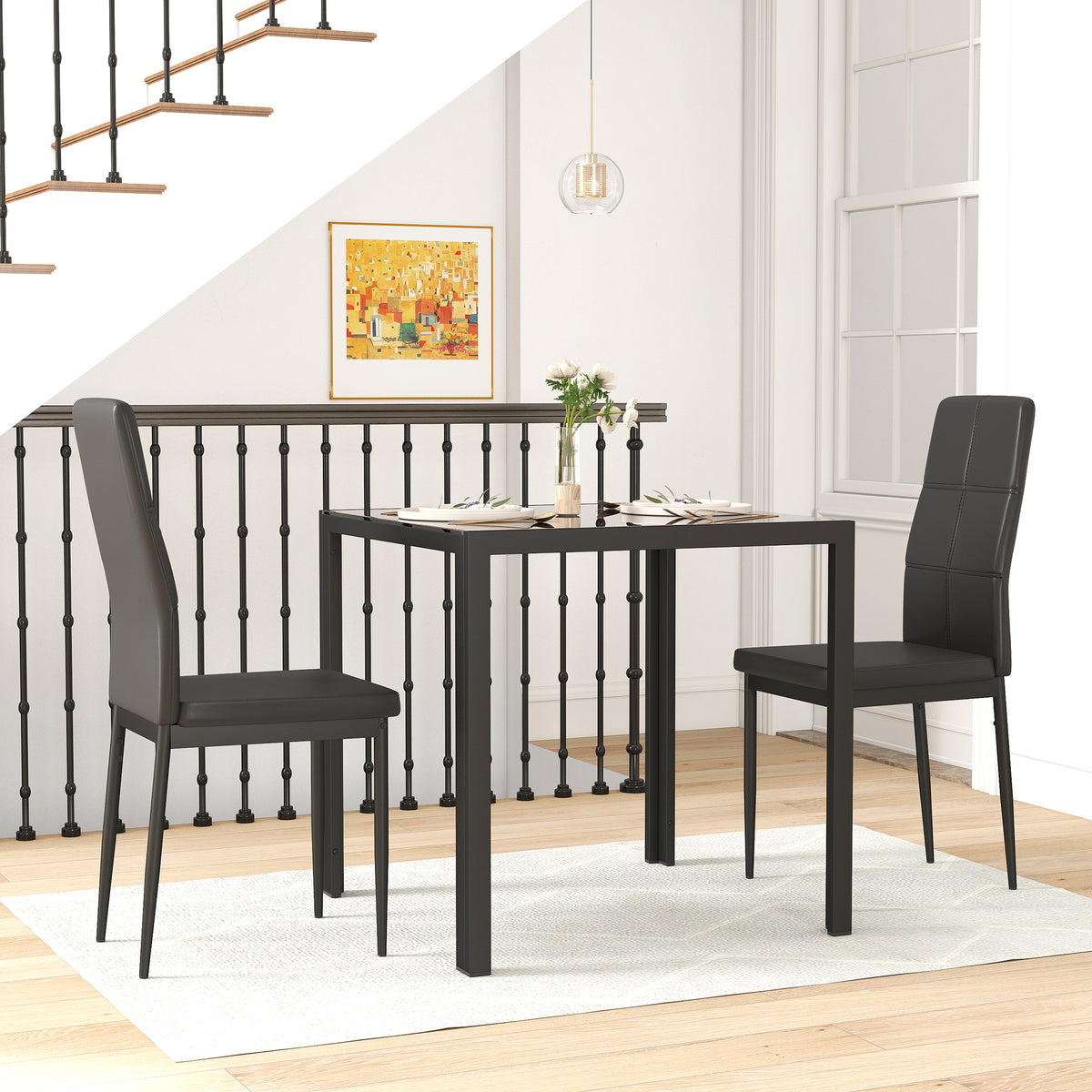 3-Piece Rectangular Glass Kitchen Table and Chairs with Metal Frame and Faux Leather Upholstery for Dining Room, Black