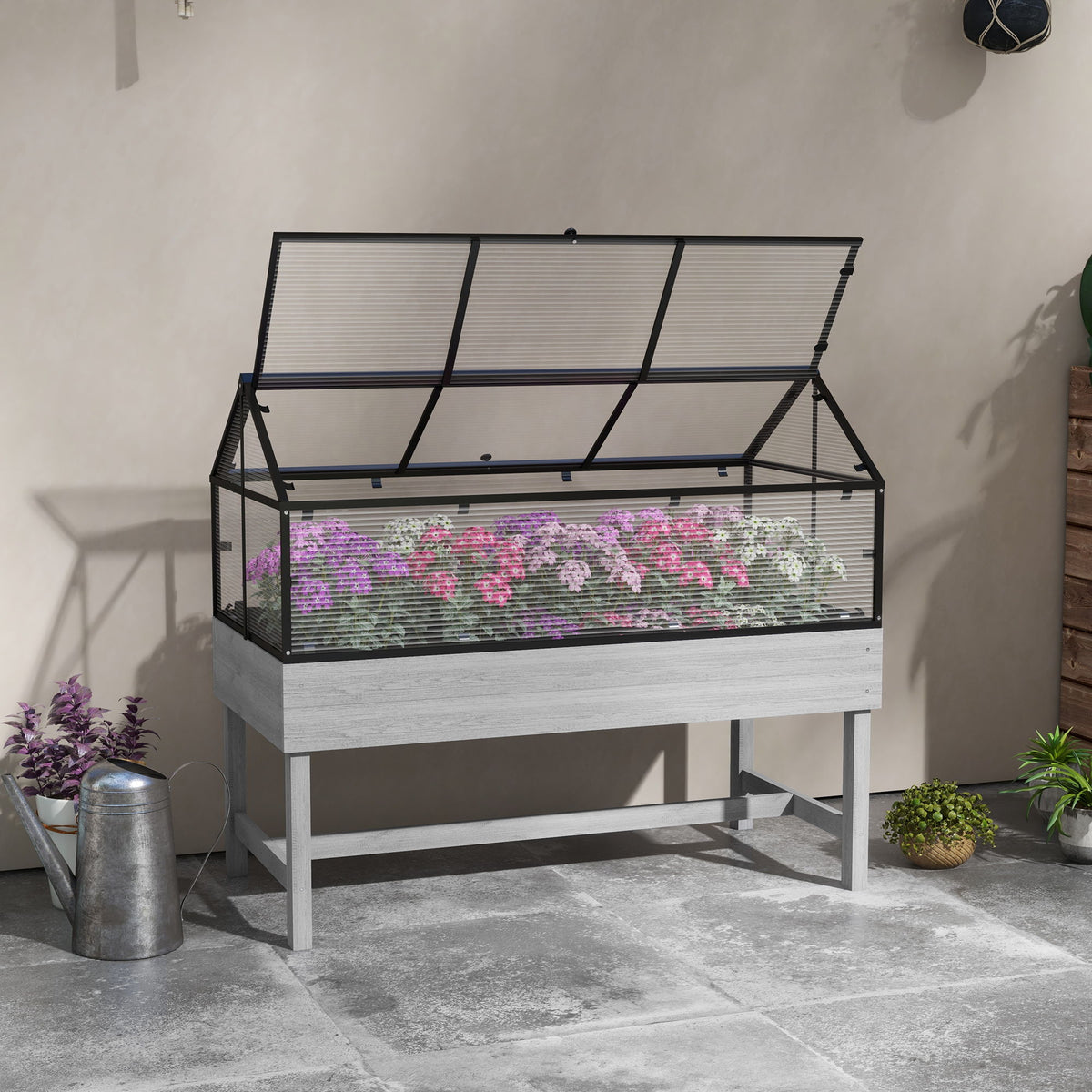 Wood Elevated Planter Box with Cold Frame Greenhouse, Raised Garden Bed for Vegetables, Flowers, Herbs, Distressed Grey