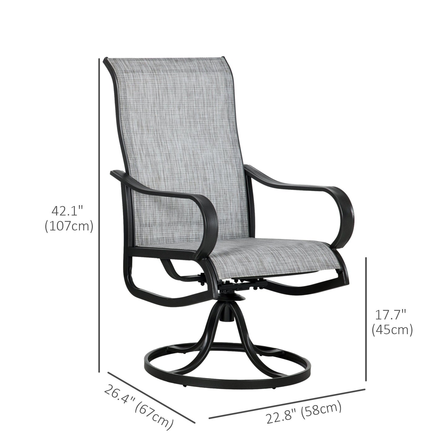 2-Piece Swivel Garden Chairs, 360° Swivel Rocking Outdoor Chairs with Curved Armrests, Breathable Mesh Seat & S Shape Backrest for Yard, Lawn, Porch, Dark Grey