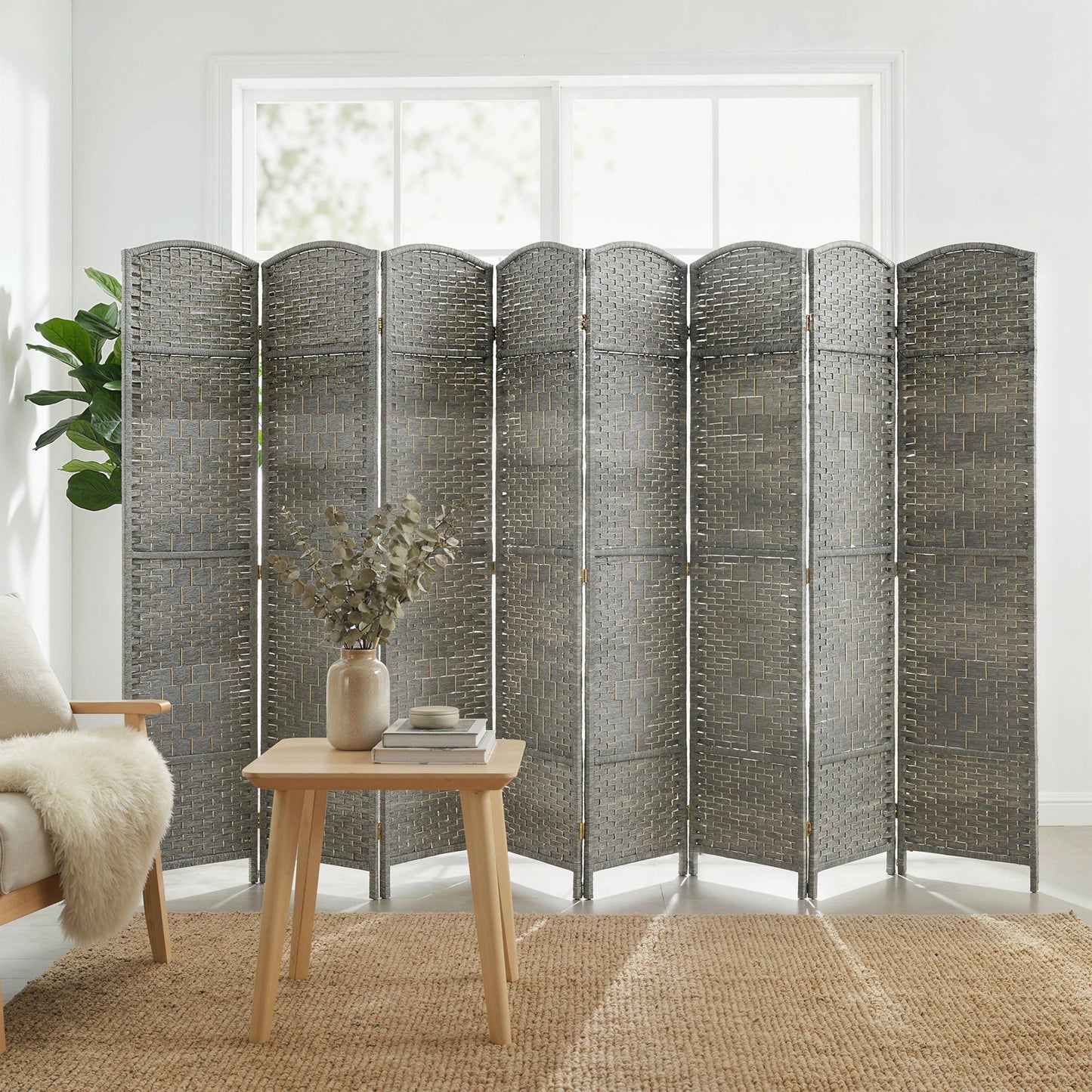 6 Ft Tall Folding Room Divider, 8 Panel Portable Privacy Screen, Hand-Woven Partition Wall Divider, Mixed Grey