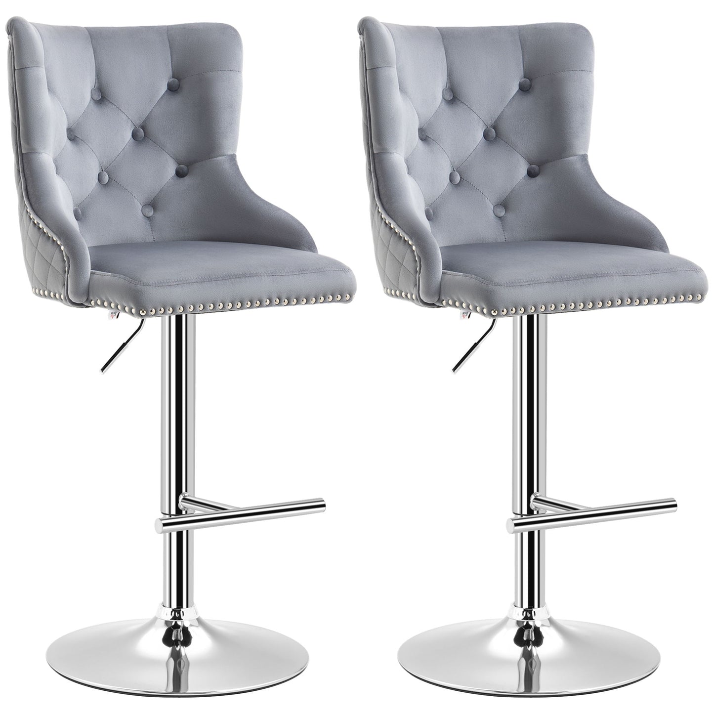 Modern Adjustable Bar Stools Set of 2, Swivel Velvet Barstools, Counter Height Bar Chairs with Button Tufted Back, Footrest, Nailhead Trim for Home Bar, Grey