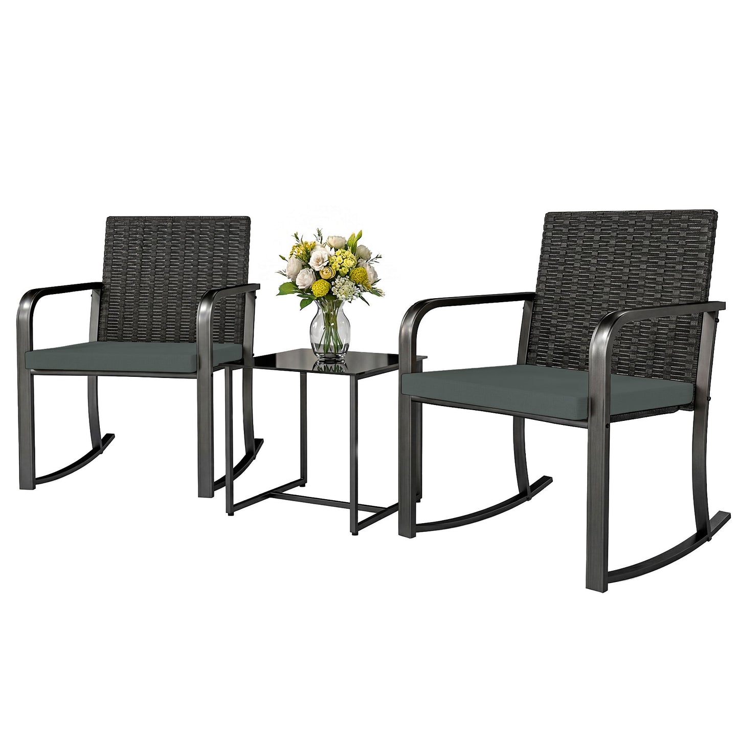 3 Pieces Rocking Bistro Set Outdoor Patio Furniture Set with Cushions, Glass Coffee Table for Balcony, Grey