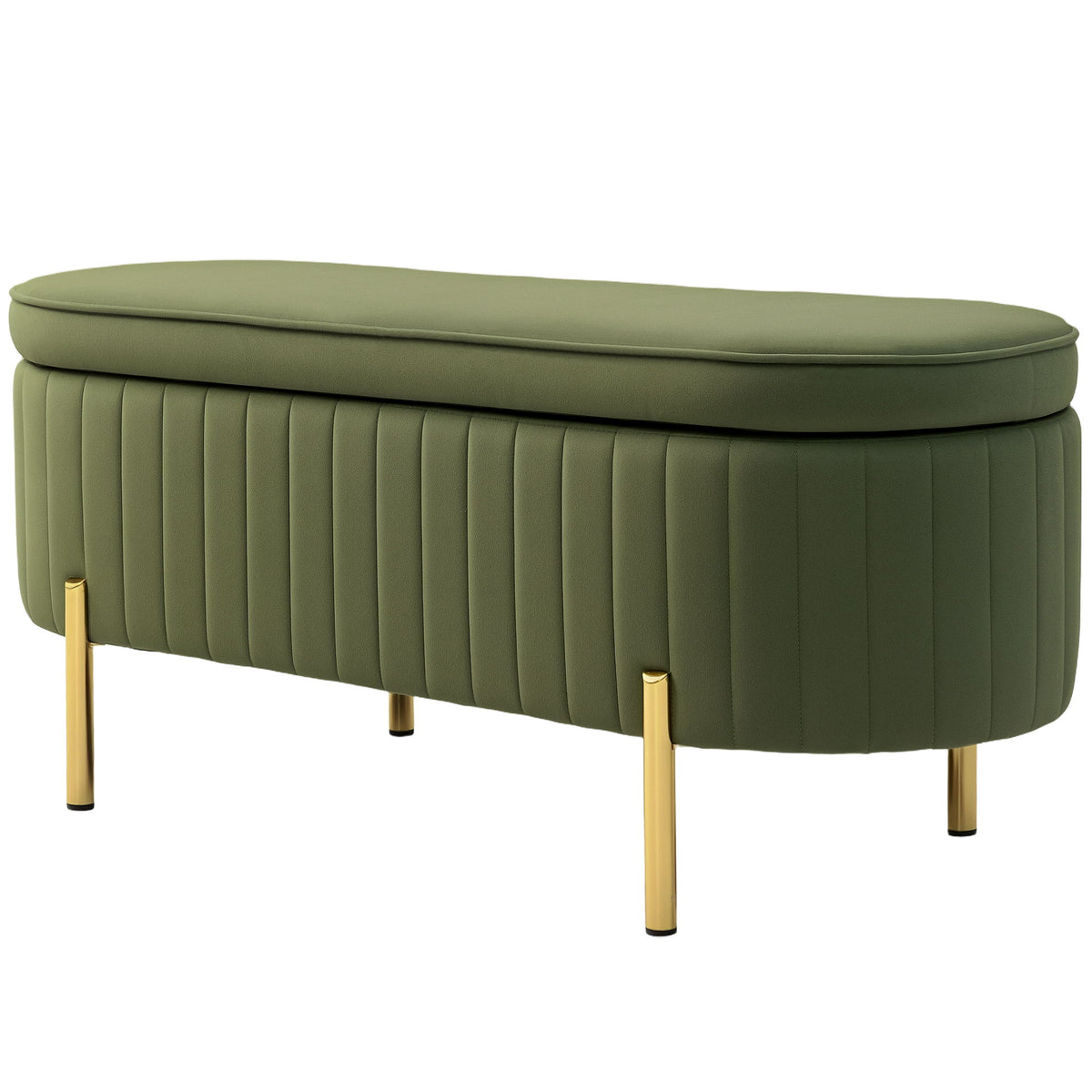 Upholstered Bedroom Bench, Channel Tufted Ottoman Bench with Thick Padding and Metal Legs, Dark Green