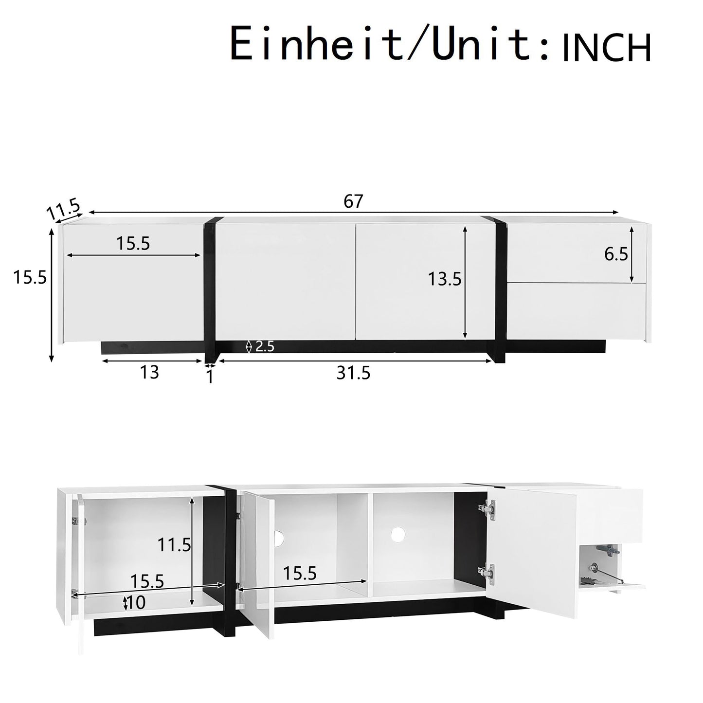 Modern TV Cabinet with High Gloss Finish, Ample Storage with Drawers and Cabinets, Easy Installation, 67" L x 11.5" W x 11.5" H, White