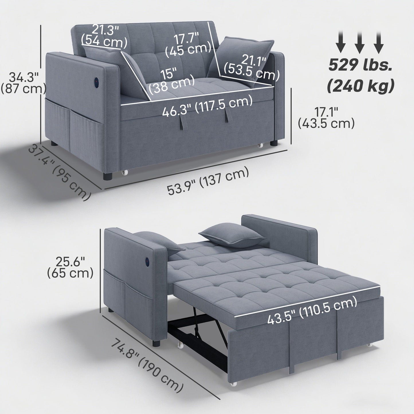 Convertible Sofa Bed with Pull-Out Sleeper and USB - Dark Grey