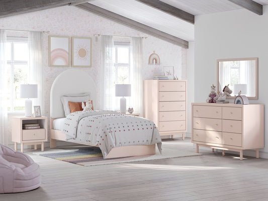 Wistenpine - 8 Pc. - Dresser, Mirror, Twin Upholstered Panel Bed, 2 Nightstands - Blush