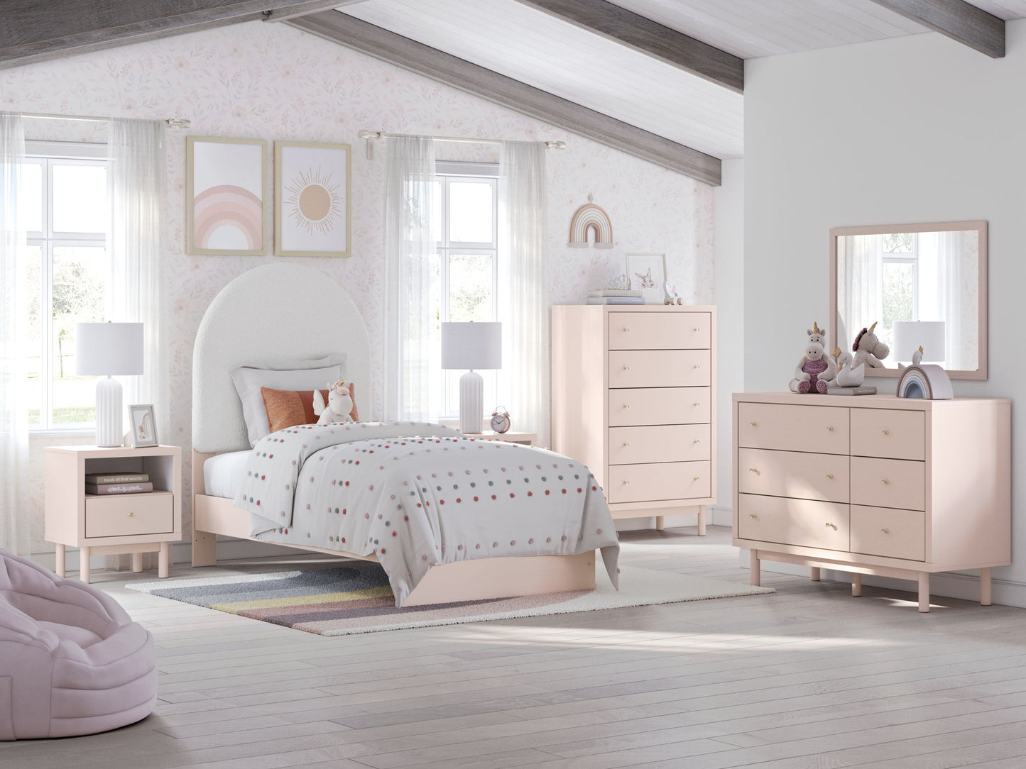 Wistenpine - 7 Pc. - Dresser, Mirror, Chest, Twin Upholstered Panel Bed - Blush