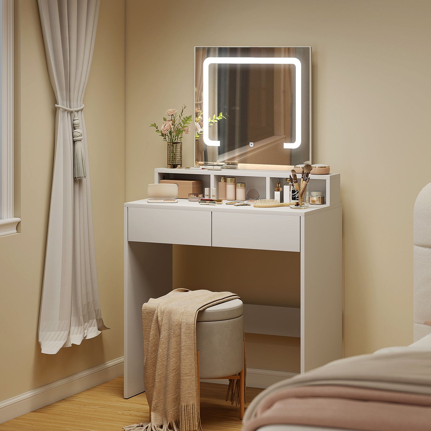 Makeup Vanity Desk with Mirror and LED Lights, for Bedroom, Modern Dressing Table with Drawers, Compartments, White