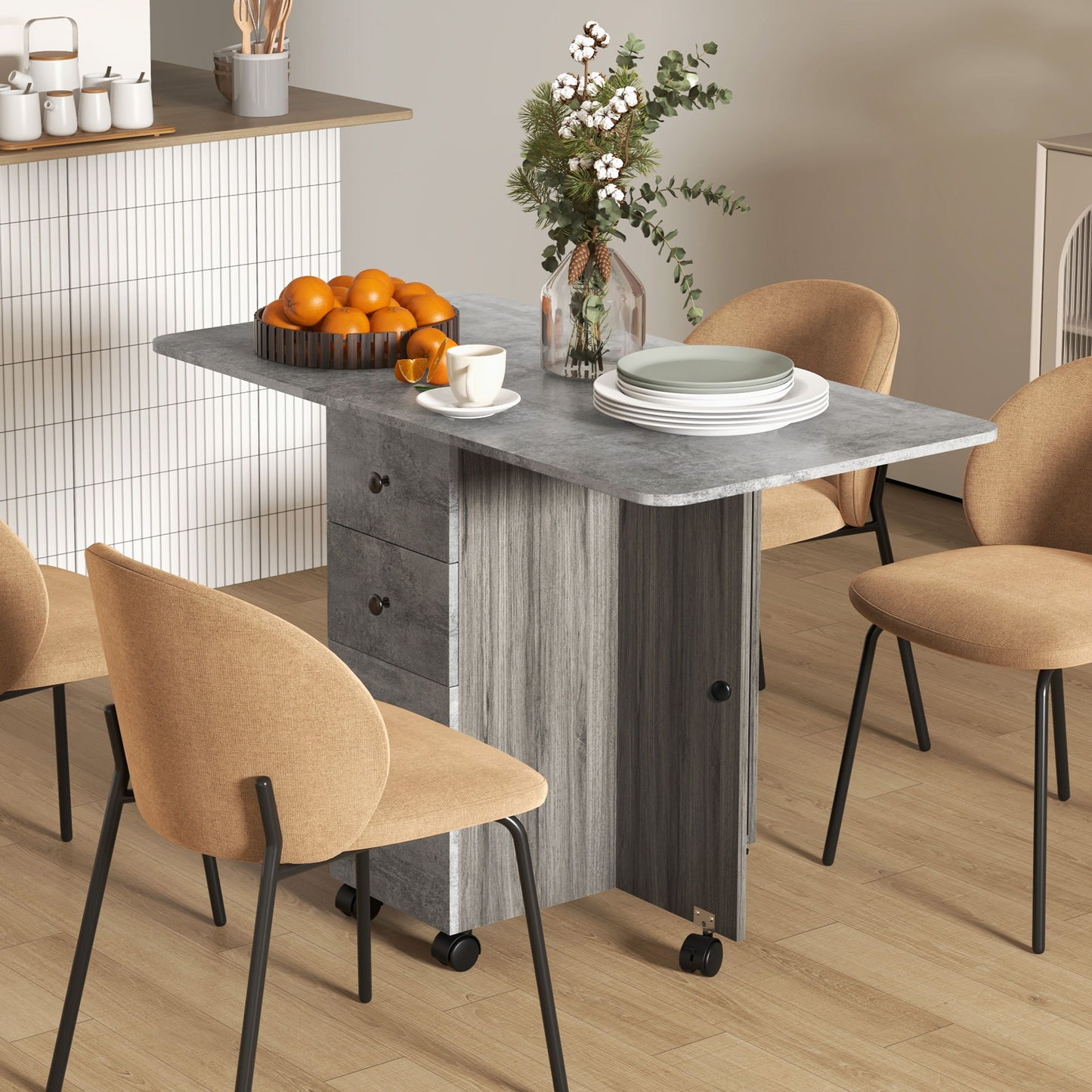 Drop Leaf Dining Table, Mobile Folding Table on Wheels with Drawers and Cabinet for Dining Room, Kitchen, Grey