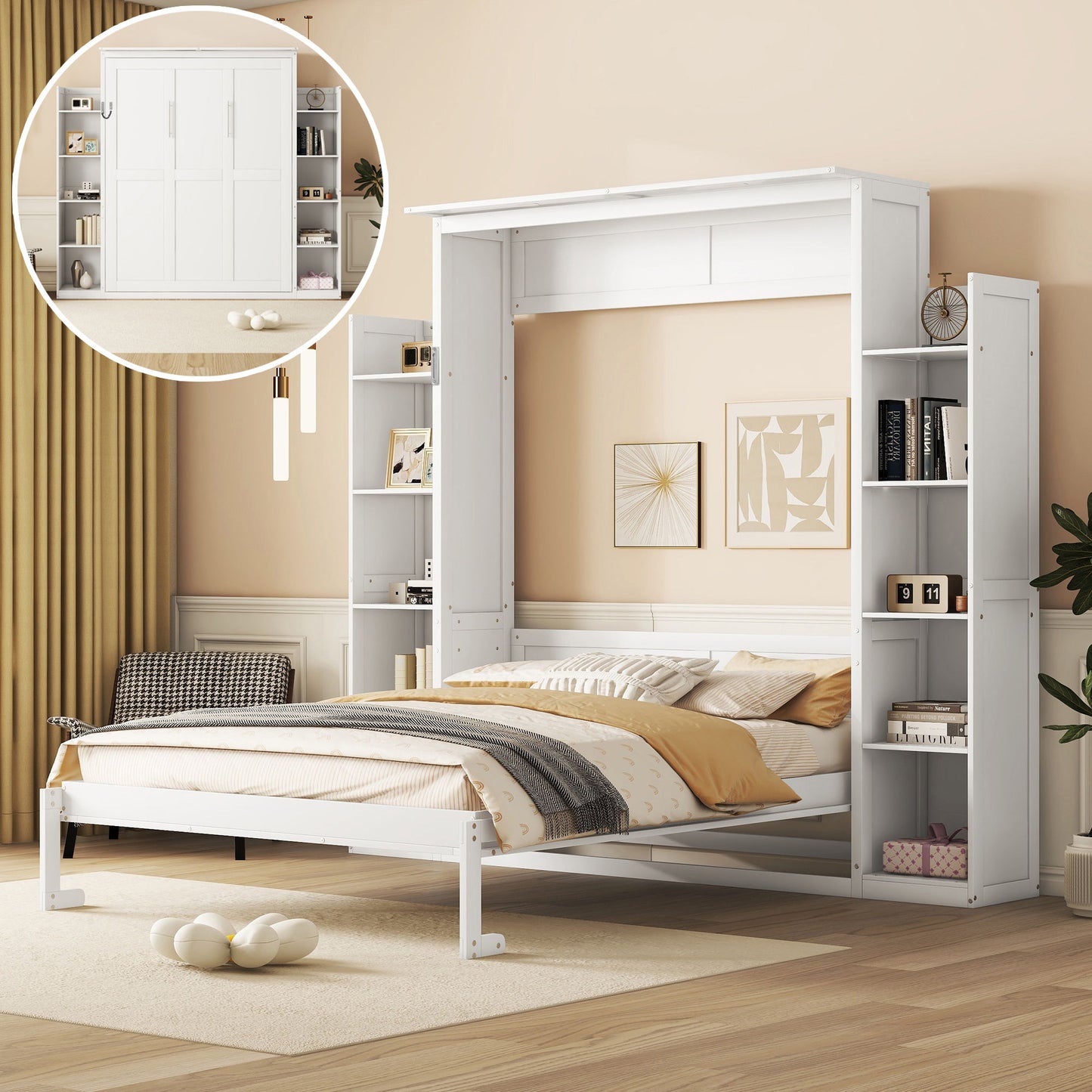 Queen Size Murphy Bed with Shelves and LED Lights, Space-Saving Wall Bed with Flexible Slats, 93.5" L x 84.5" W x 88.5" H, White