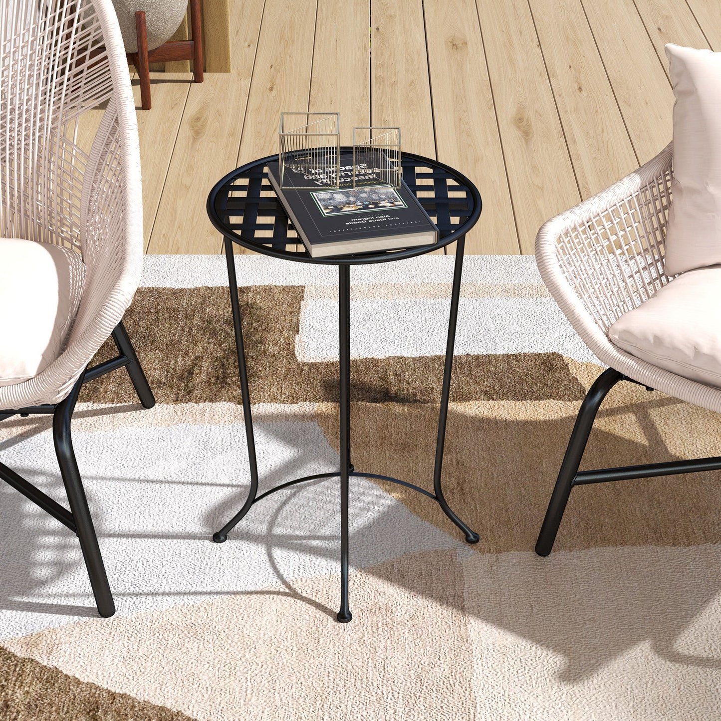 16" Round Outdoor Table, Small Patio Side Table, Metal End Table Plant Stand with Grid Top for Indoor, Garden, Black