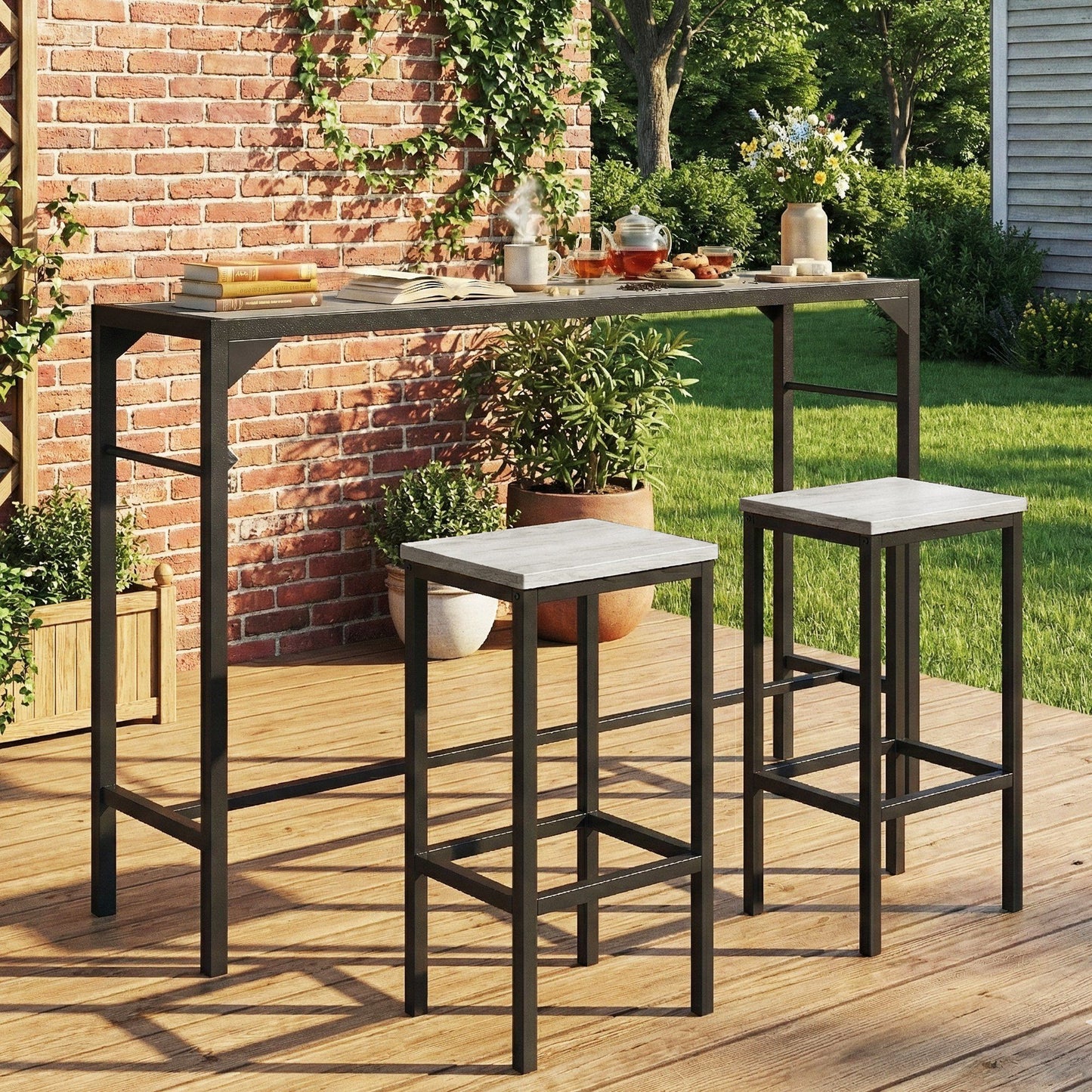 Bar Height Outdoor Table with Built-In Bottle Opener, Patio Bar Table with Wood Grain Plastic Top, 55" x 15" x 39"