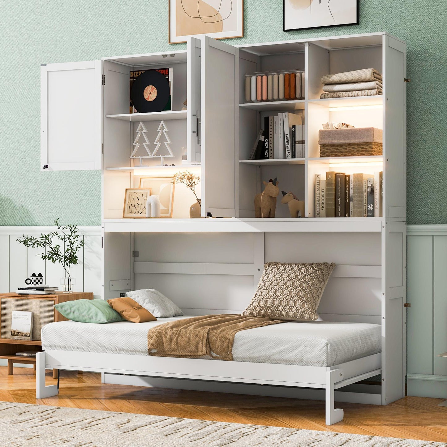 Twin Size Wall Murphy Bed with Built-in Light and Dual-Piston Lift, Space-Saving Foldable Bed with Top Cabinet, 83'' L x 15.5'' W x 90.5'' H, White