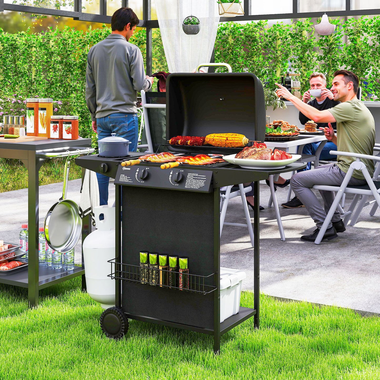 2+1 Burner Propane Gas BBQ Grill, Portable Gas Barbecue Grill with Side Burner, Thermometer, Lid, Side Table, Shelf, Spice Rack, Wheels, Grease Cup for Garden, Black