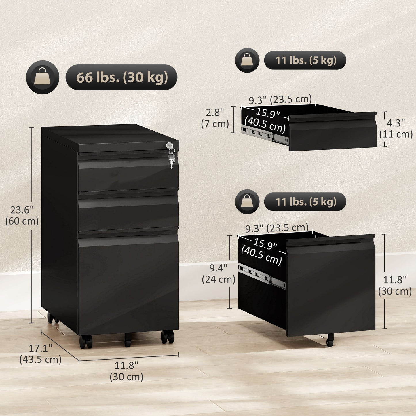 3 Drawer Filing Cabinet with Lock, Steel Office Storage Cabinet with Hanging Bar for A4, Legal, Letter Files, Black