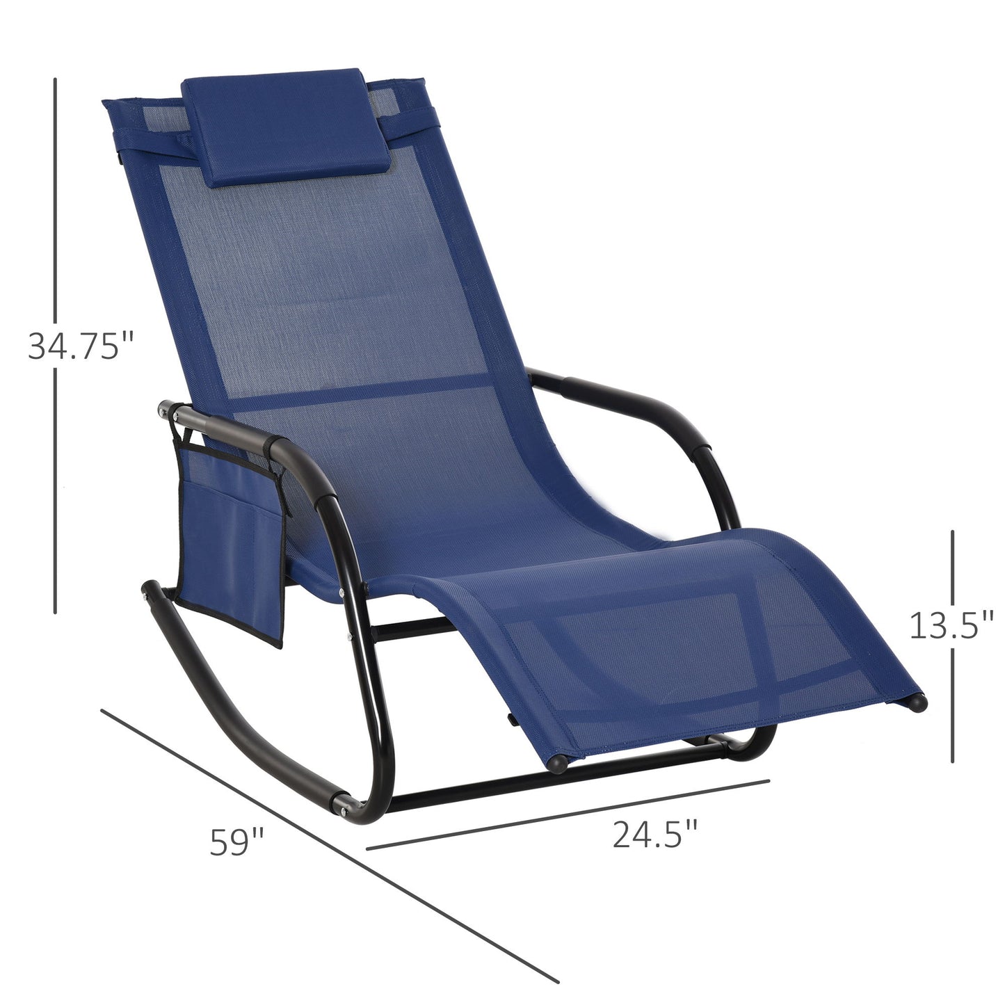 Patio Rocking Chair with Mesh Fabric, Outdoor Rocking Sling Sun Lounger with Removable Headrest and Side Pocket for Garden, Deck, Lawn, Blue