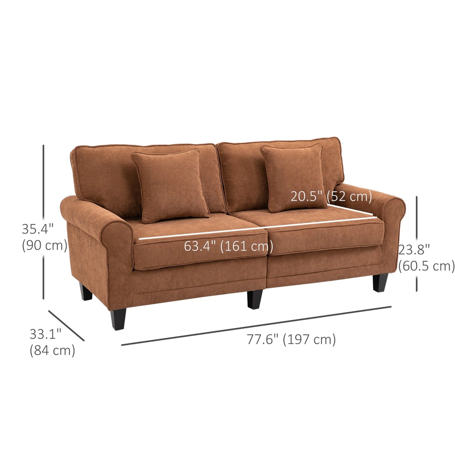 3-Seater Corduroy Sofa with Wood Legs - Brown
