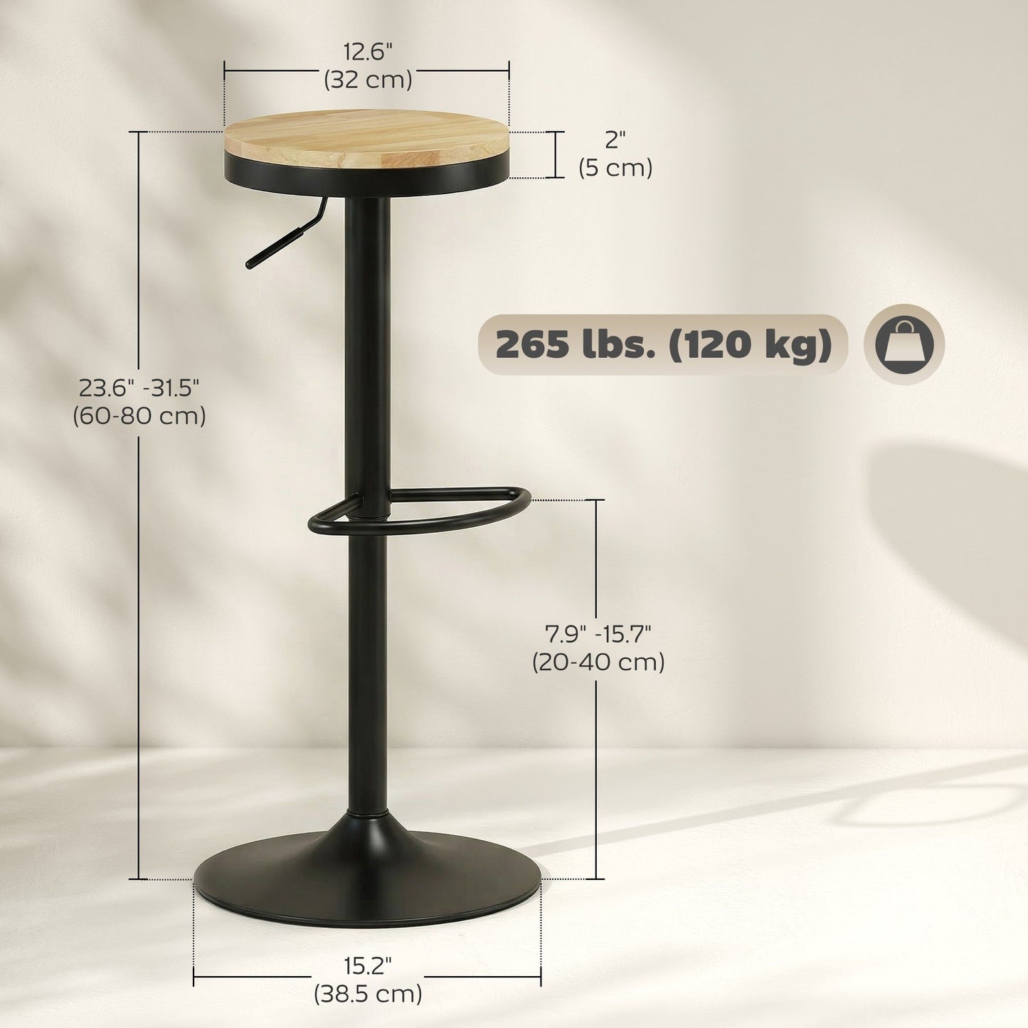 Swivel Wood Bar Stools Set of 2, Adjustable - Natural and Black