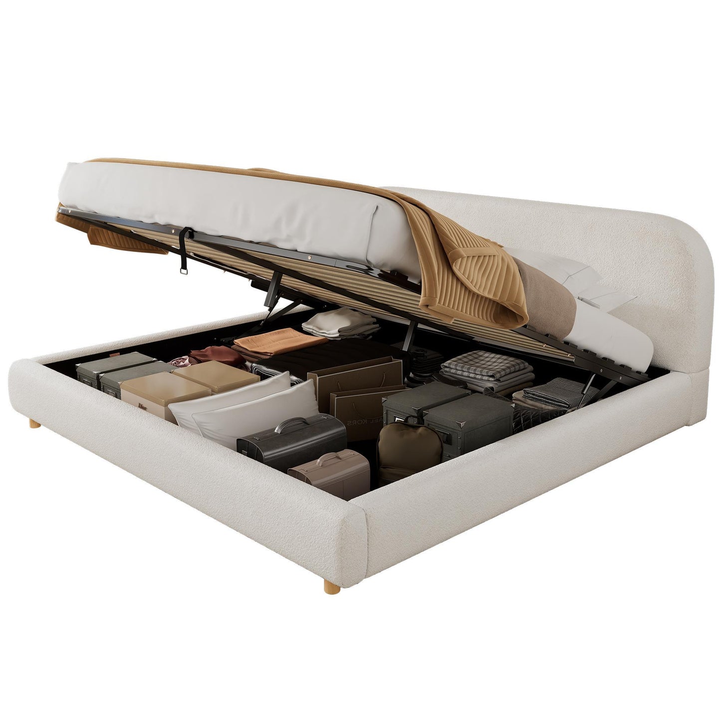 King Size Hydraulic Lift Storage Bed with Upholstered Curved Headboard, Hidden Under-Bed Storage for Bedroom, 86'' L x 80'' W x 35'' H, White