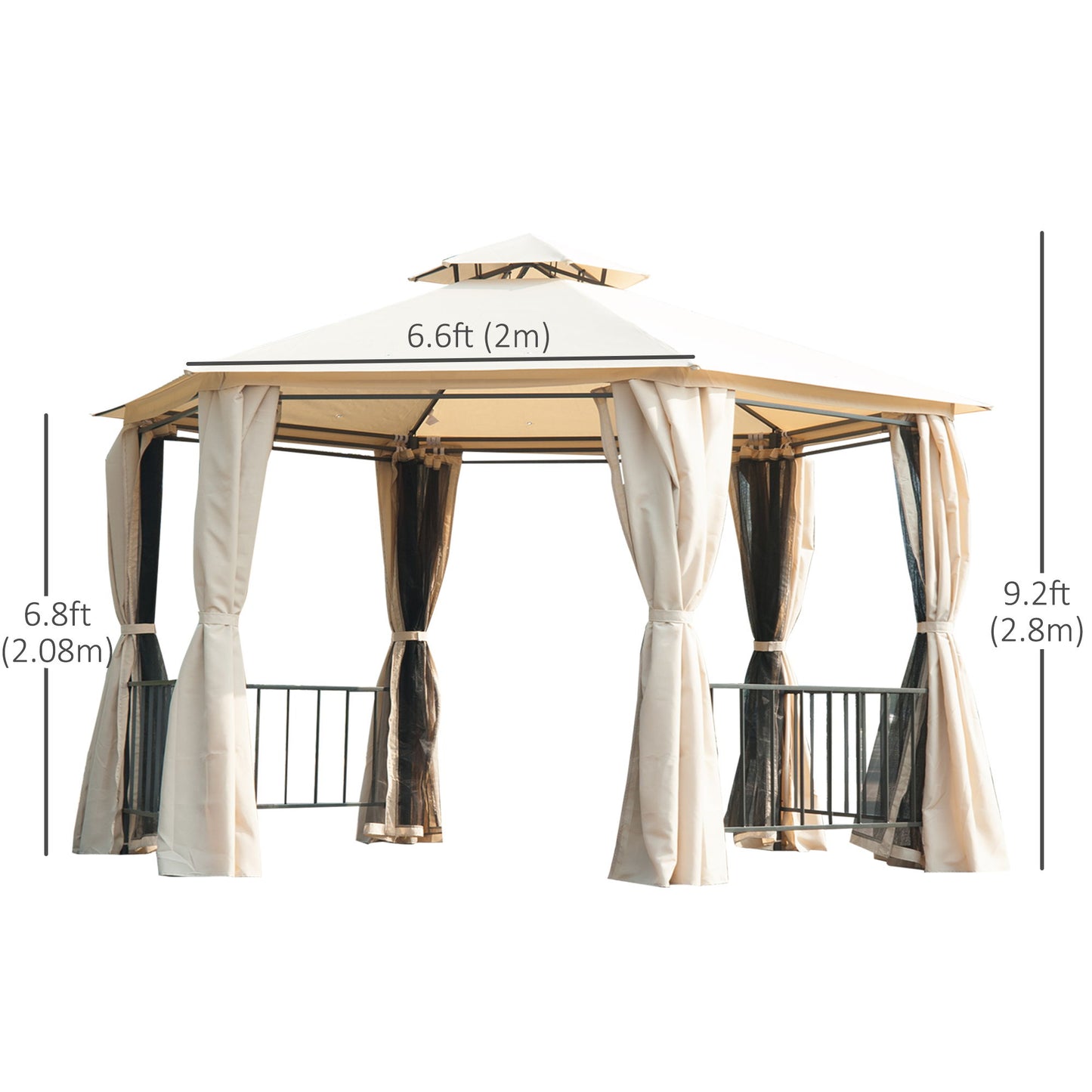 13ft Hexagon Gazebo Outdoor Canopy Shelter with Netting and Shaded Curtains Beige