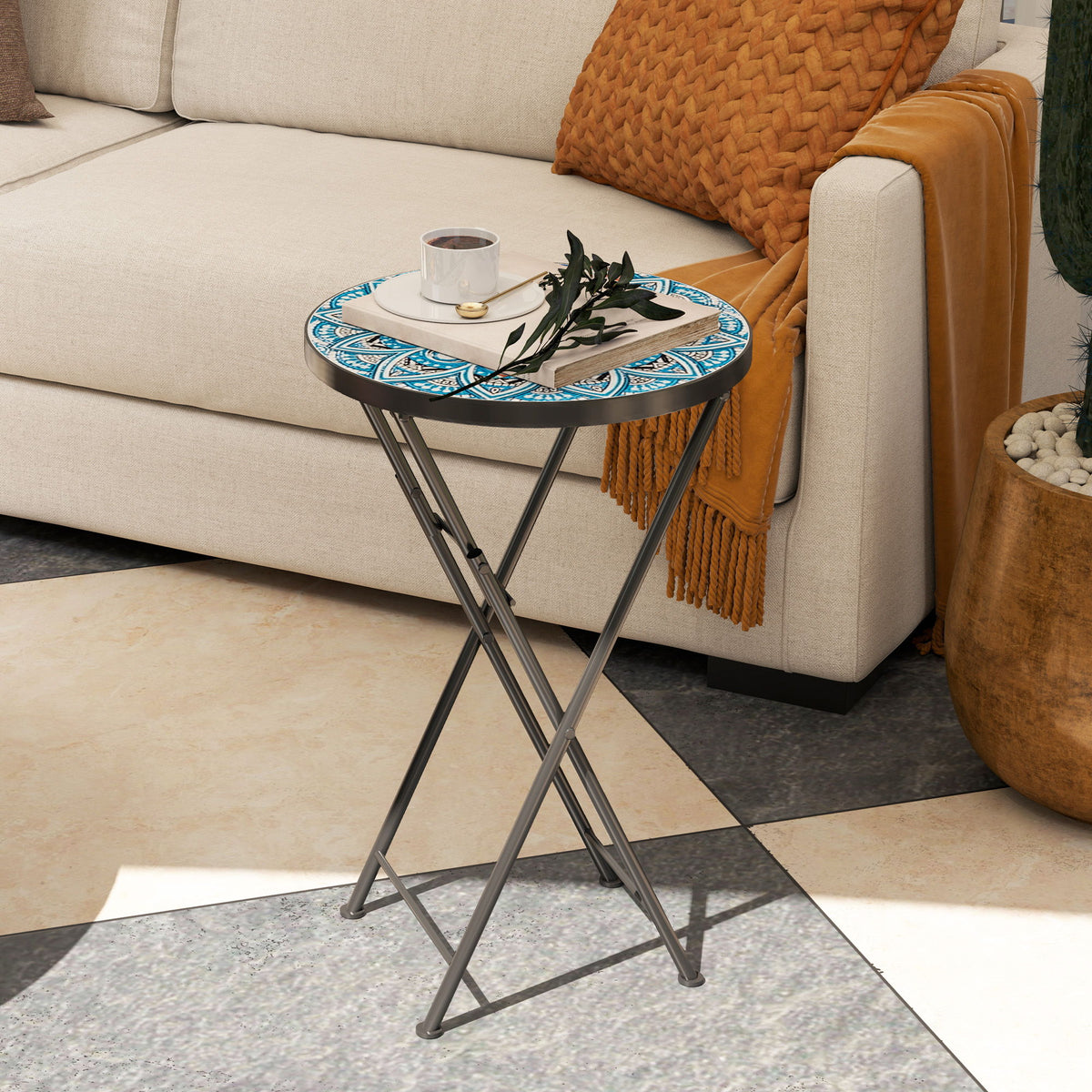 Mosaic Outdoor Patio Side Table, 14" Round Folding Outdoor Coffee Table with Steel Frame for Balcony Deck Patio Terrace, Blue