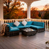 7 Pieces Outdoor Rattan Furniture Set, Patio Wicker Sectional Conversation Sofa Set with Washable Cushions and Coffee Table, for Deck Balcony Yard, Sky Blue