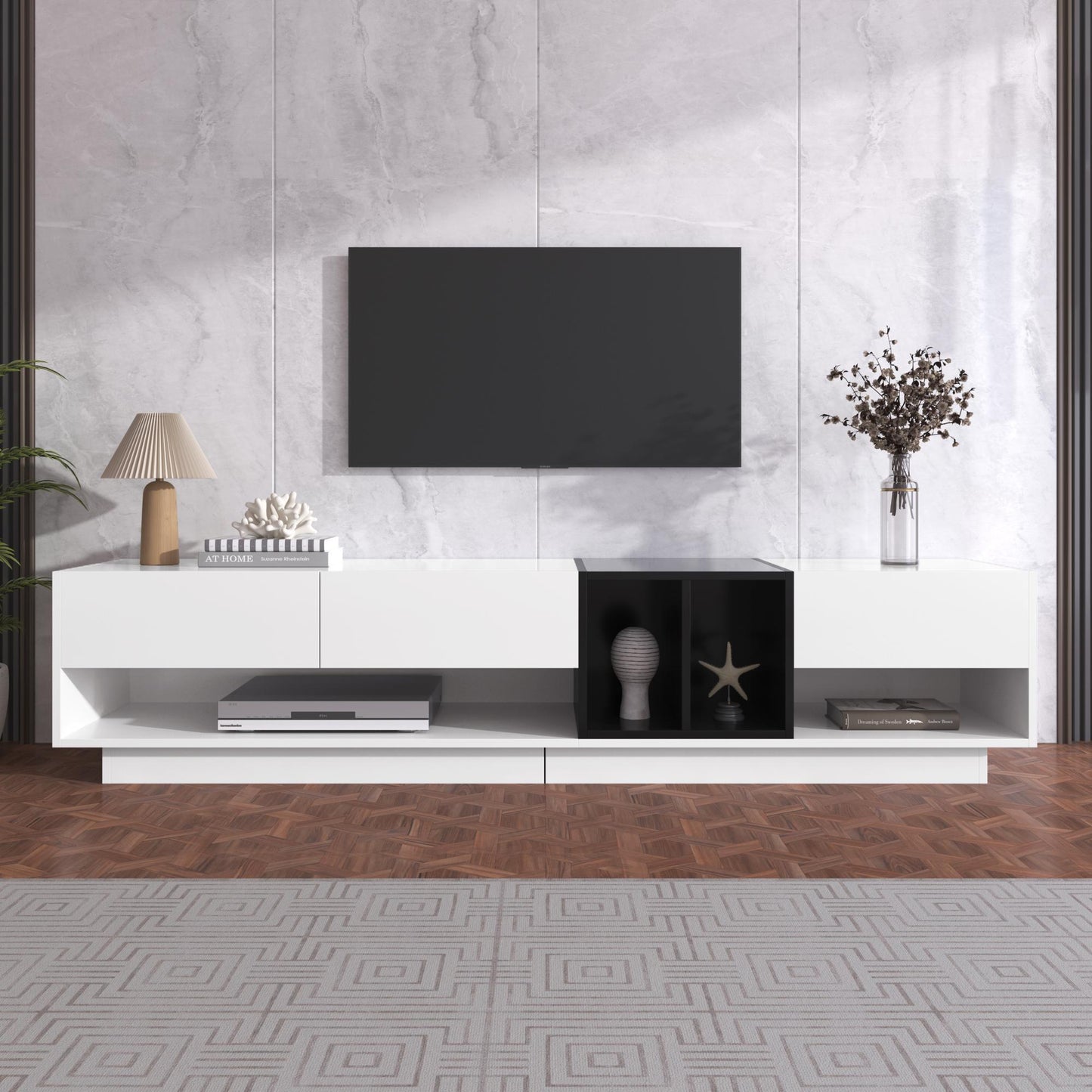 Modern TV Cabinet with 3 Drawers & 2 Open Compartments, Sturdy TV Stand for Contemporary Homes, 75'' L x 15.5'' W x 16.5'' H, Black+White