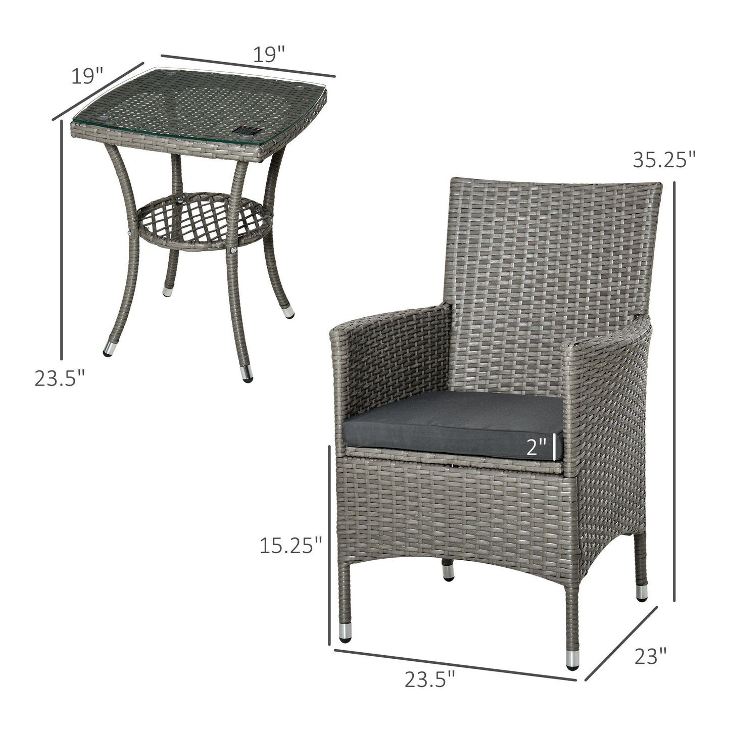 3 Pieces Wicker Patio Furniture Set, Rattan Bistro Set with Glass Top Coffee Table and Cushions, Outdoor Conversation Set for Garden, Porch, Balcony, Grey