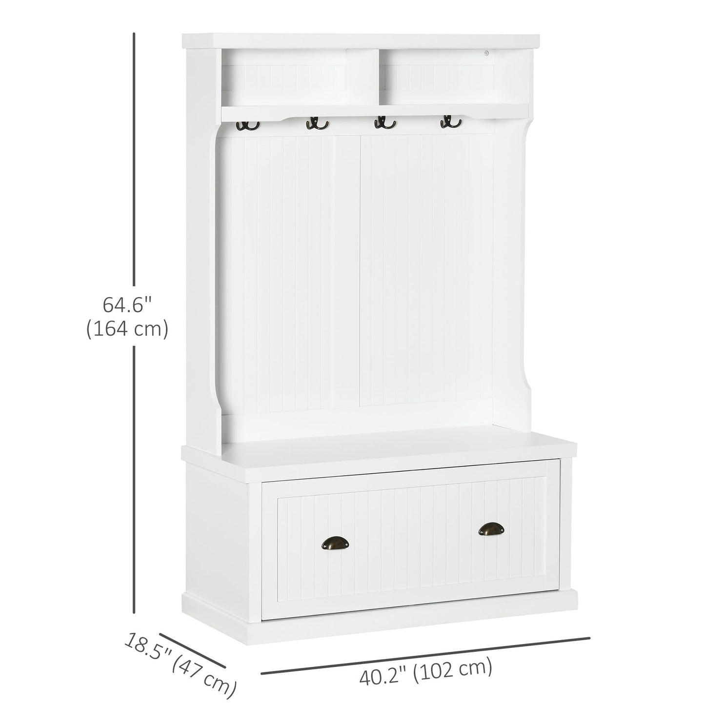 64.5" Hall Tree with Storage Drawer and 4 Hooks - White