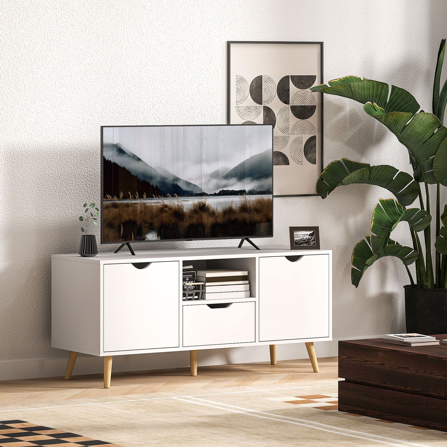TV Stand with Storage for up to 50" TV, Modern TV Table with Open Shelf, Drawer and 2 Cabinets, White