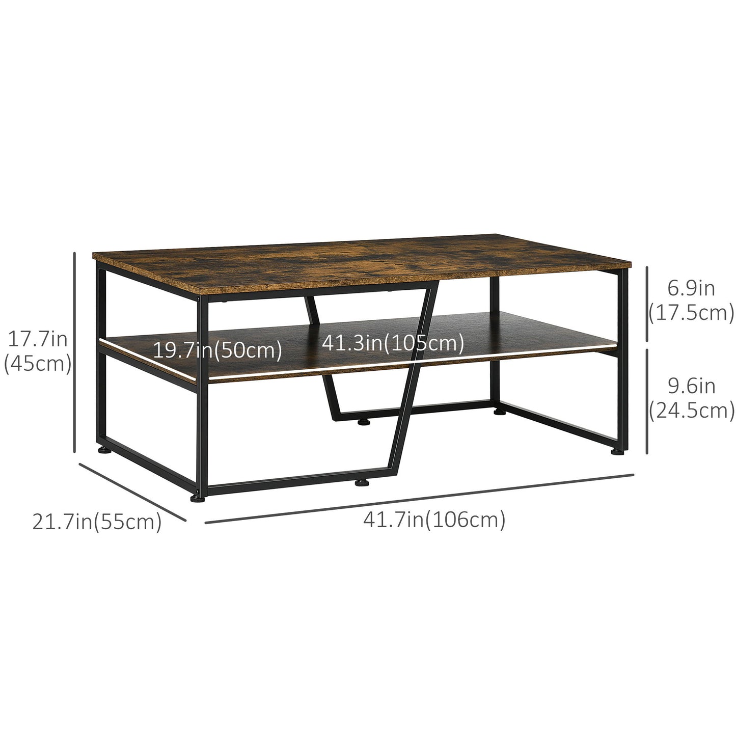 Industrial Coffee Table, 2-tier Center Table with Storage Shelf, Wood Look Accent Furniture with Metal Frame for Living Room, 41.7" x 21.7" x 17.7", Rustic Brown